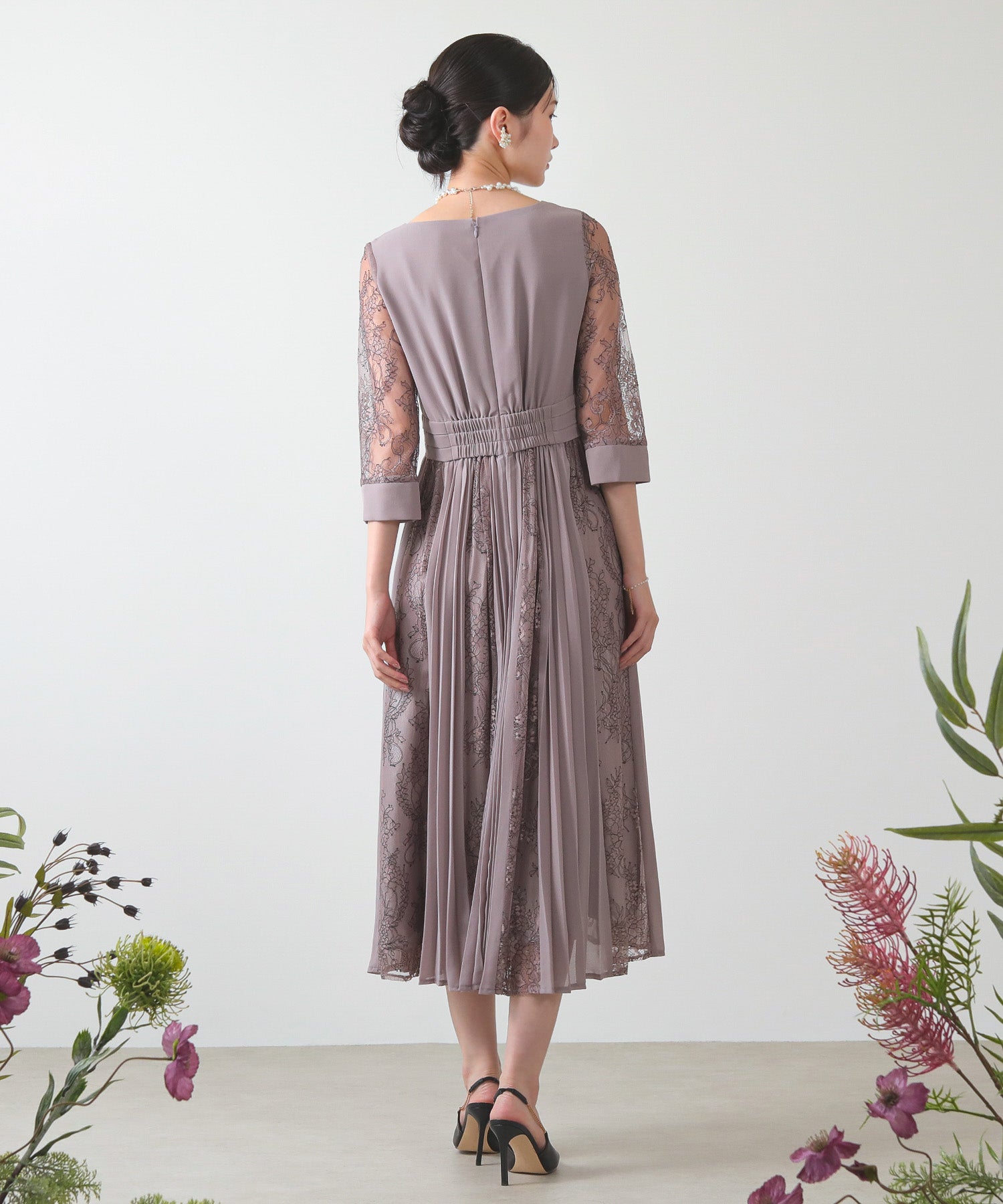 プリーツ×レース ウエストタックロングワンピースドレス