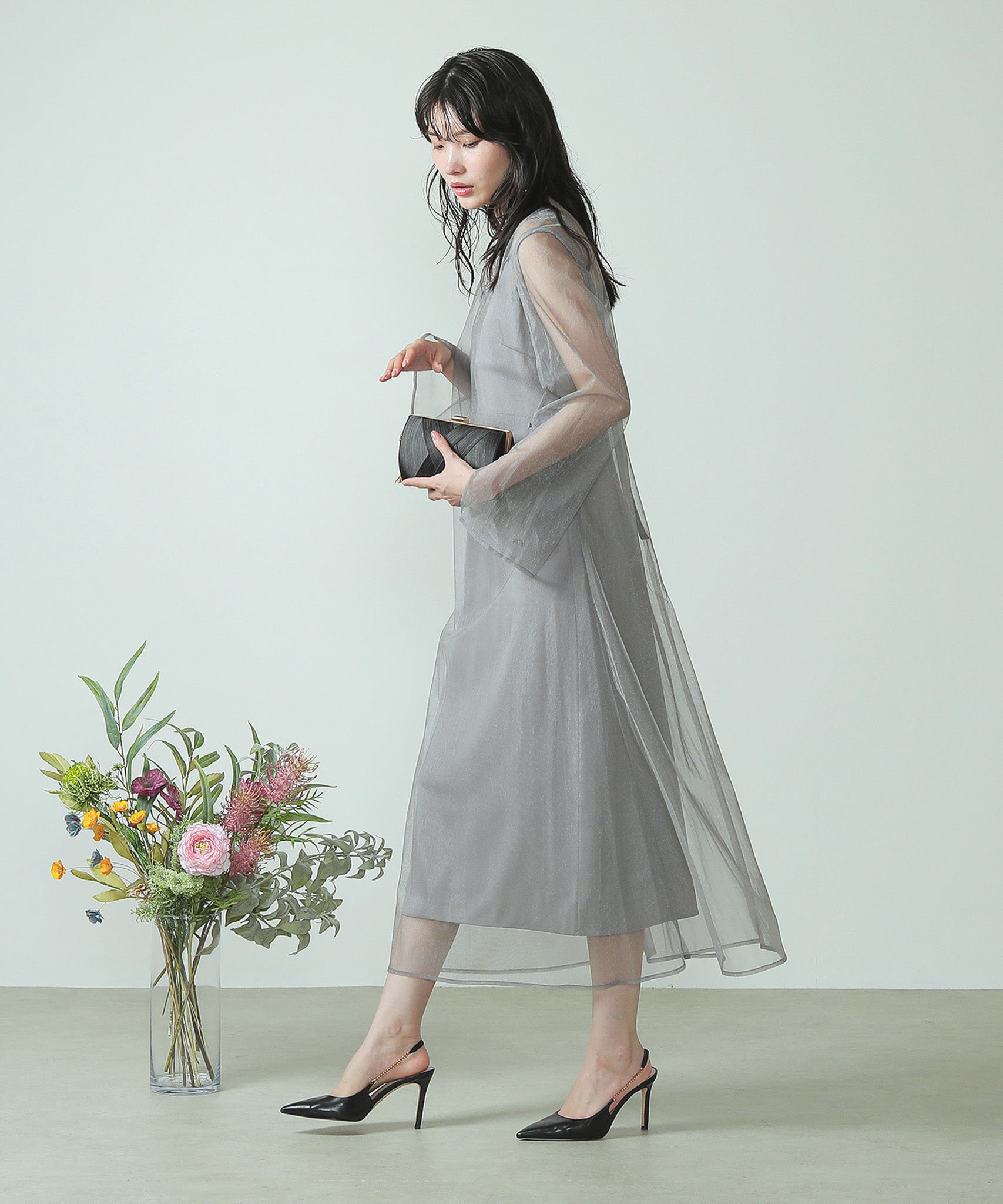 アシンメトリー カットレース キャミワンピ チュール ドレス