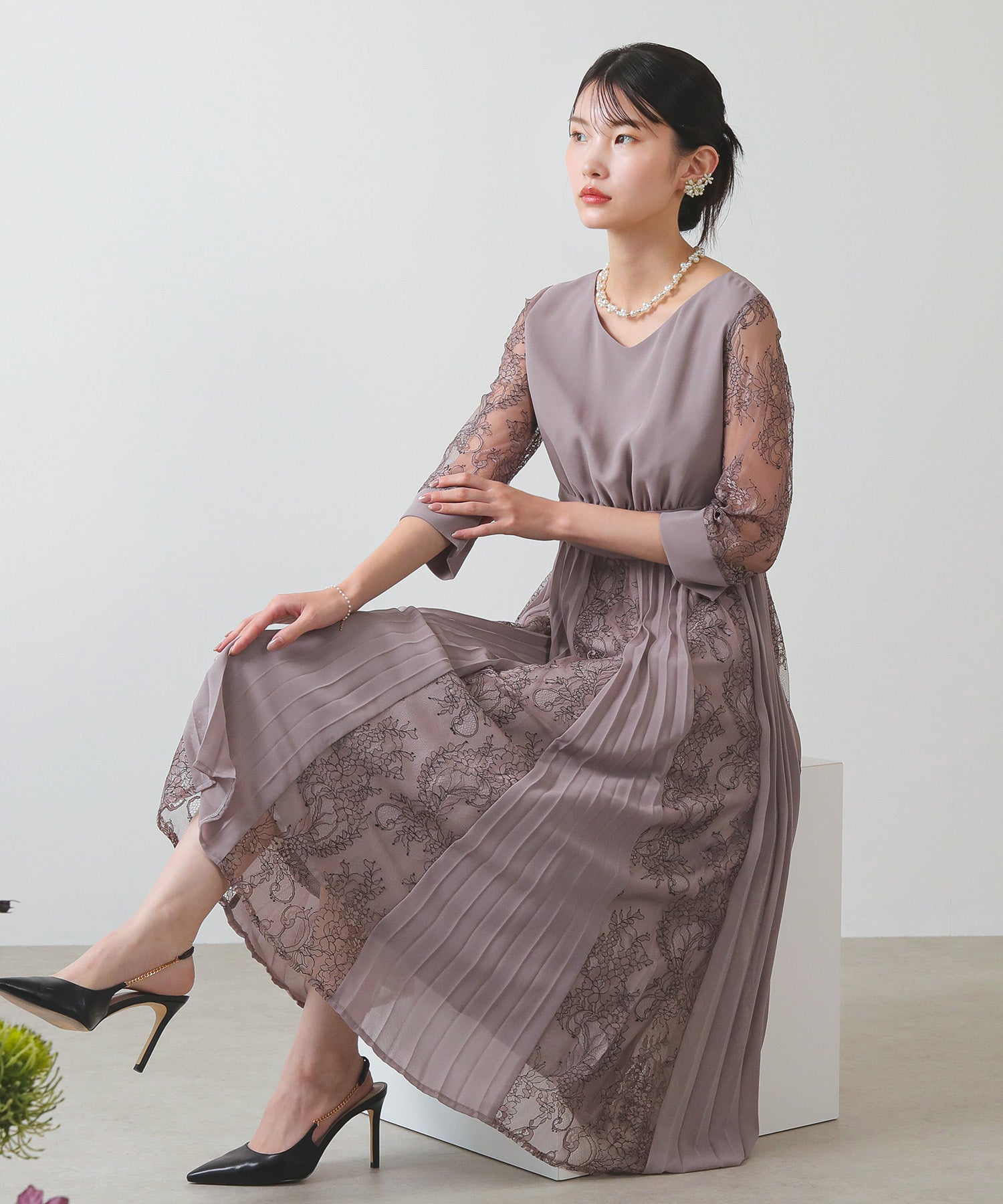 プリーツ×レース ウエストタックロングワンピースドレス