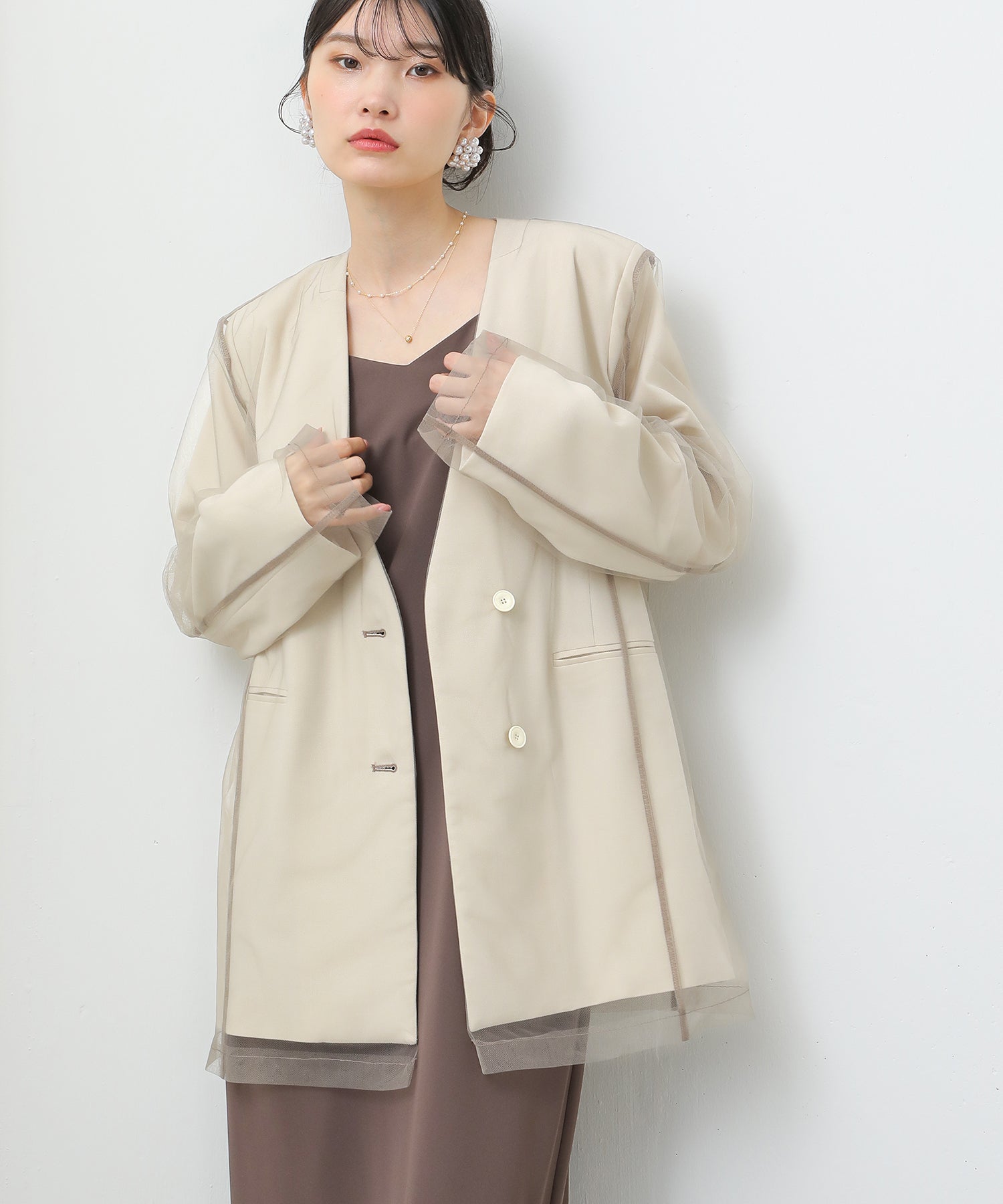 レイヤード チュール ノーカラージャケット