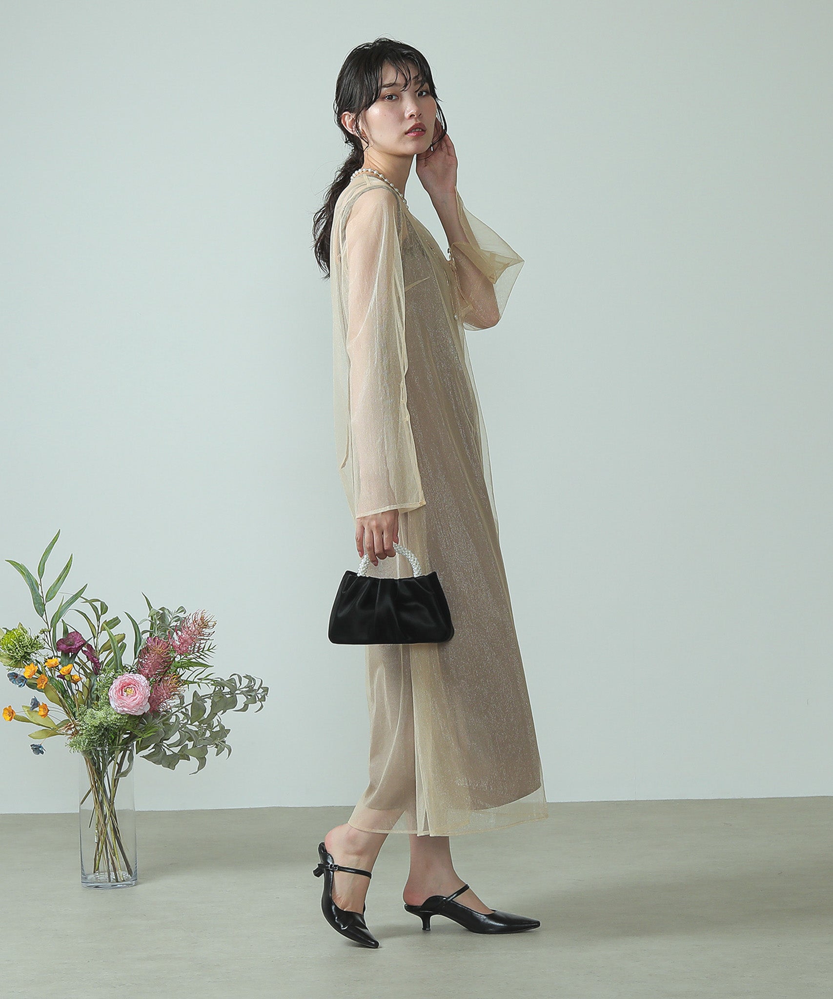 アシンメトリー カットレース キャミワンピ チュール ドレス
