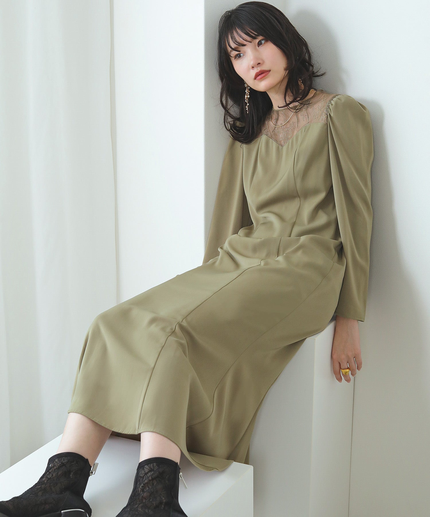 レース 切り替え ビスチェ風 シンプル 長袖 ドレス ワンピース