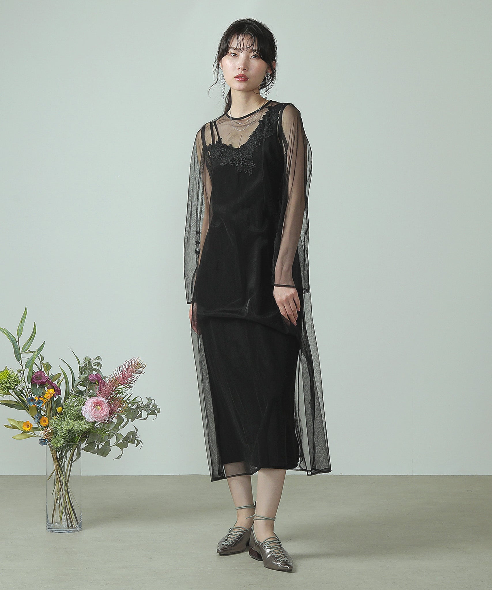 アシンメトリー カットレース キャミワンピ チュール ドレス