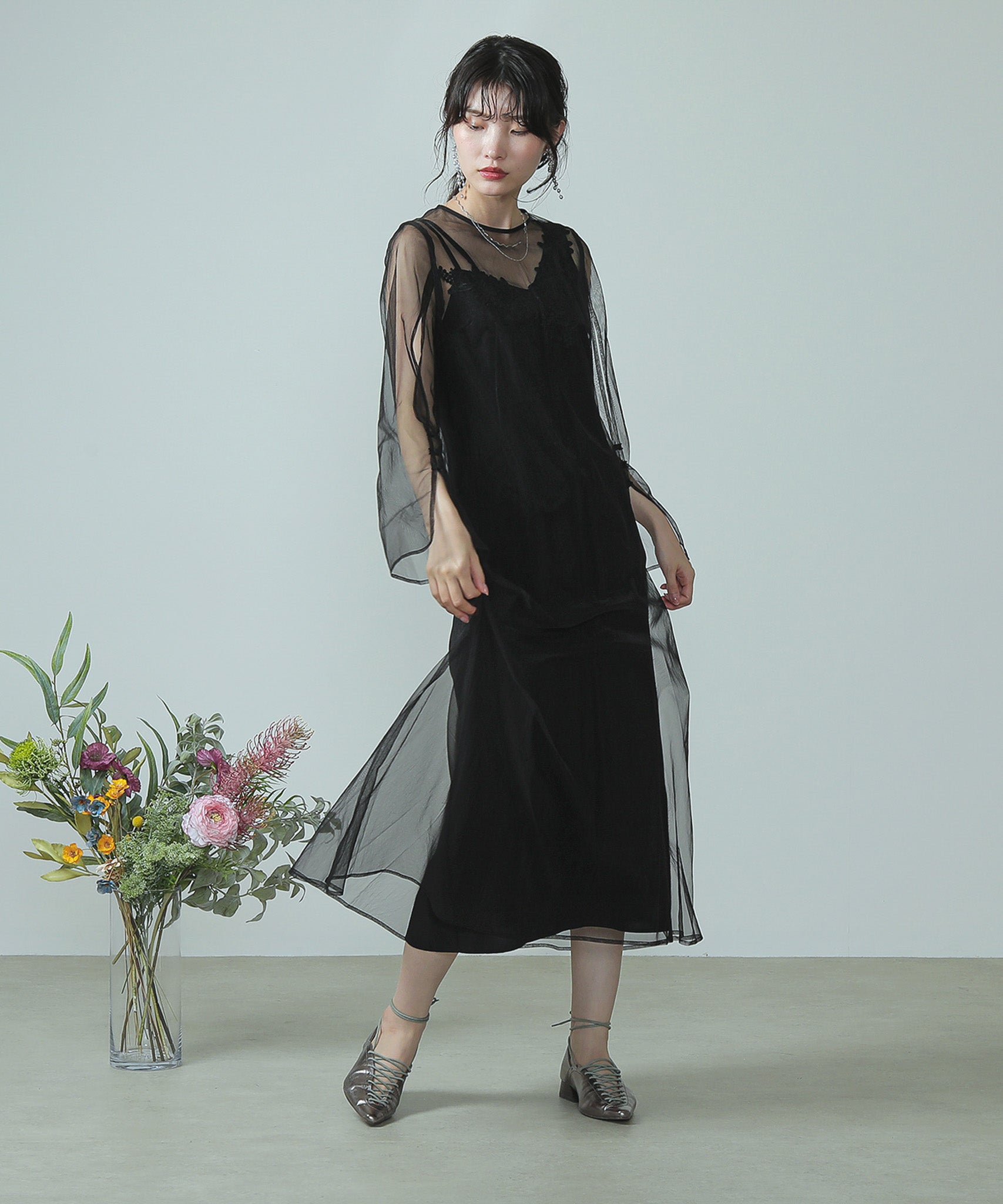 アシンメトリー カットレース キャミワンピ チュール ドレス
