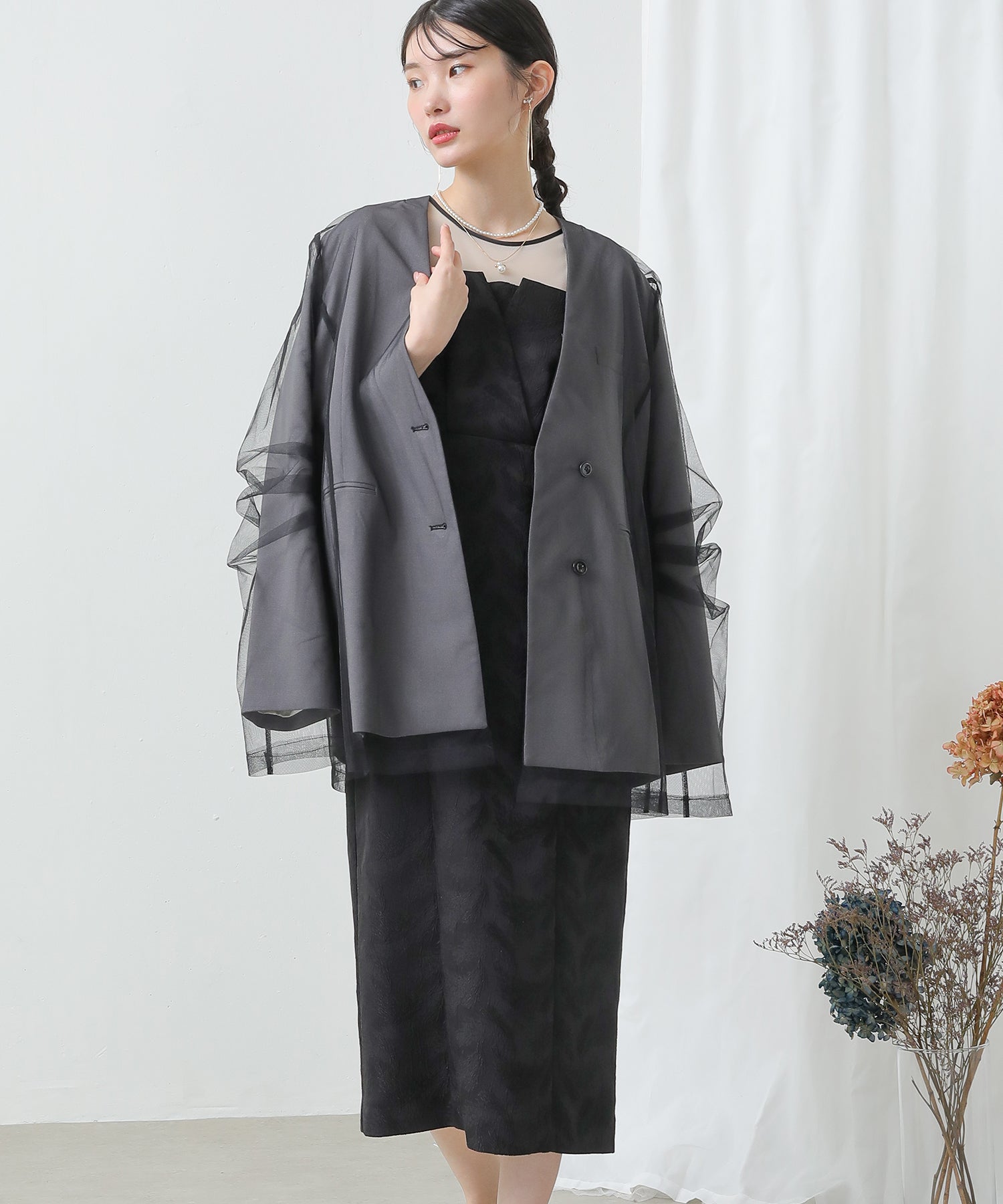 レイヤード チュール ノーカラージャケット