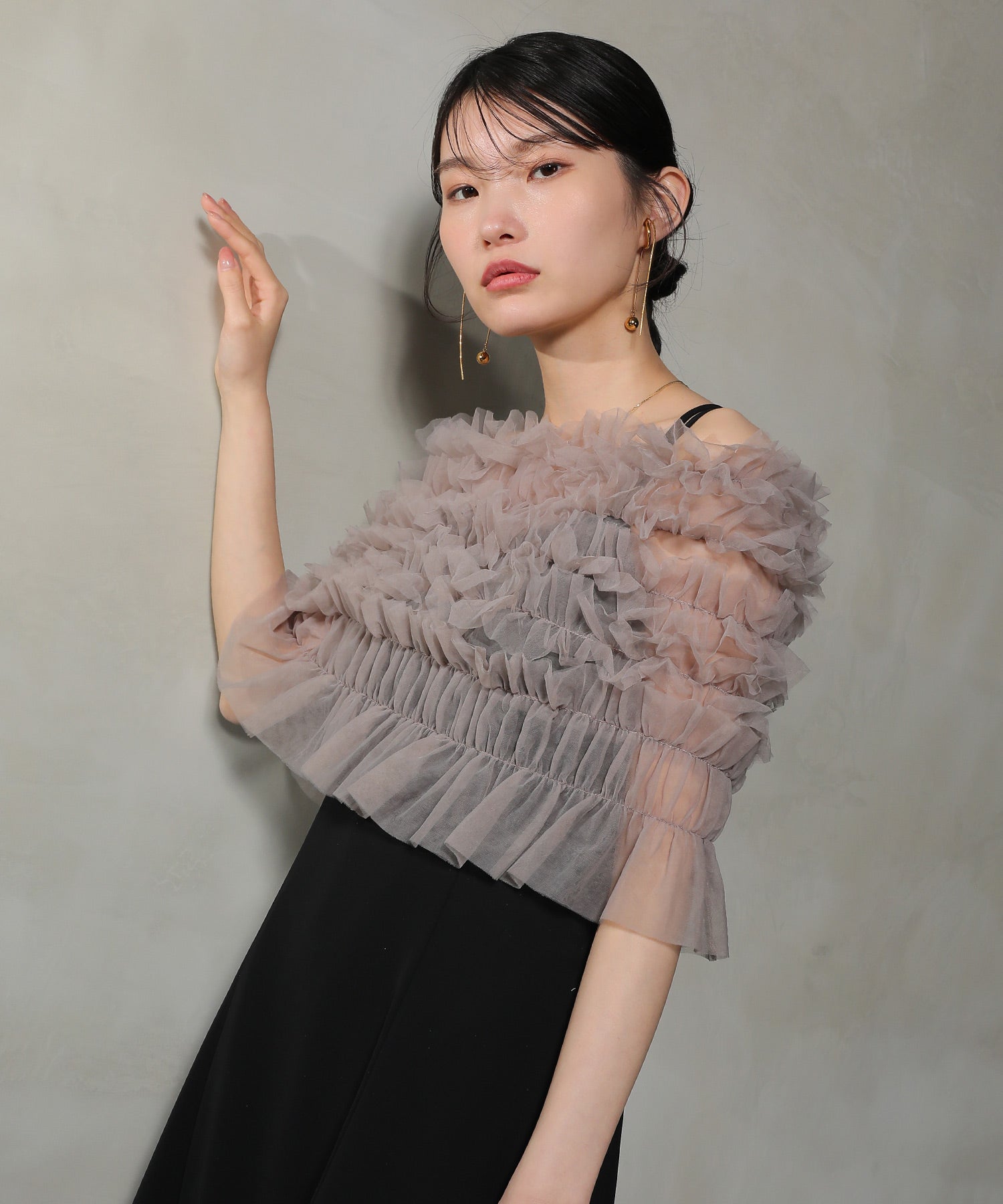 シャーリング チュール フリル シアー バッククロス ドレス