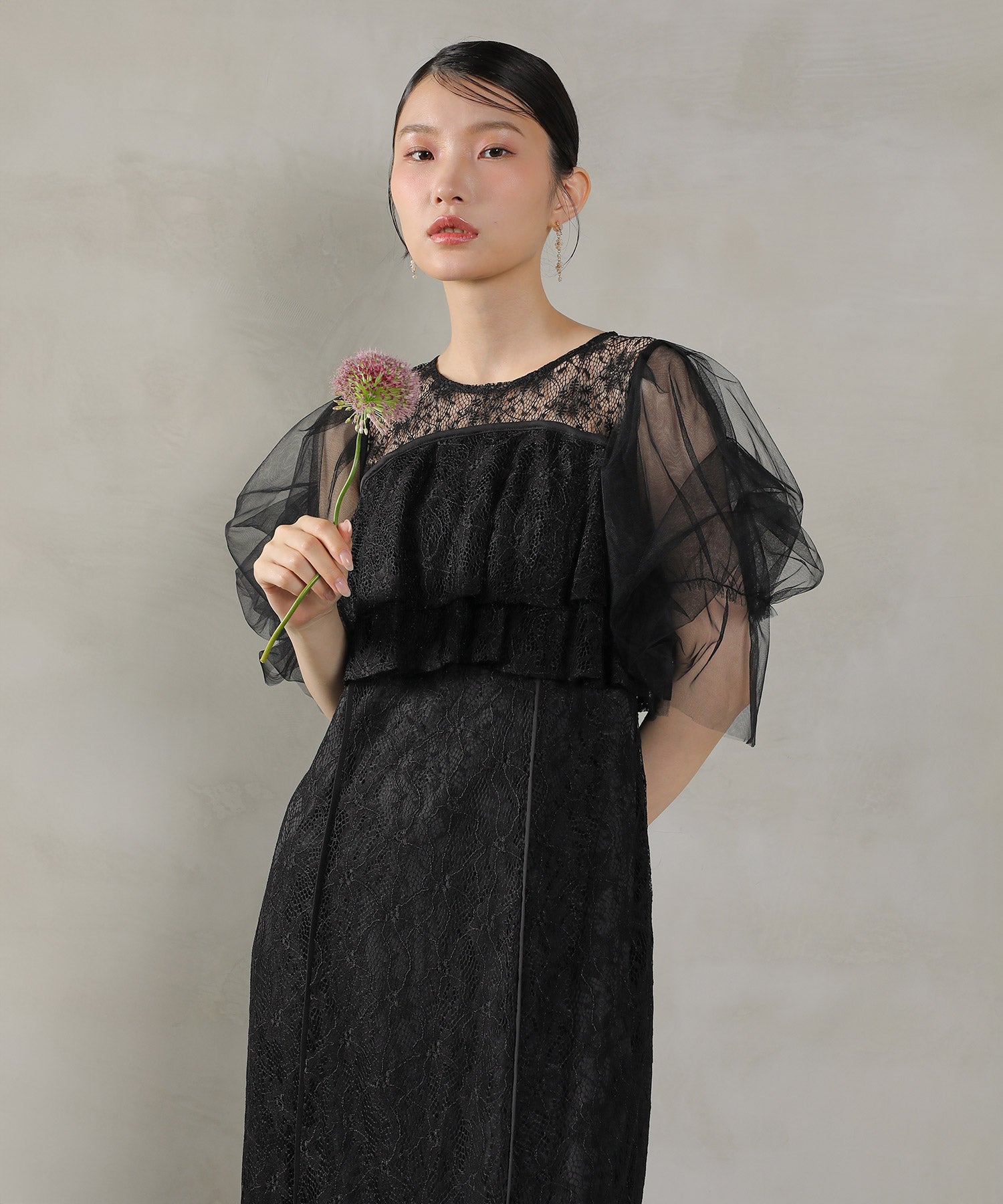 レイヤードフリル 総レース パーティー ドレス