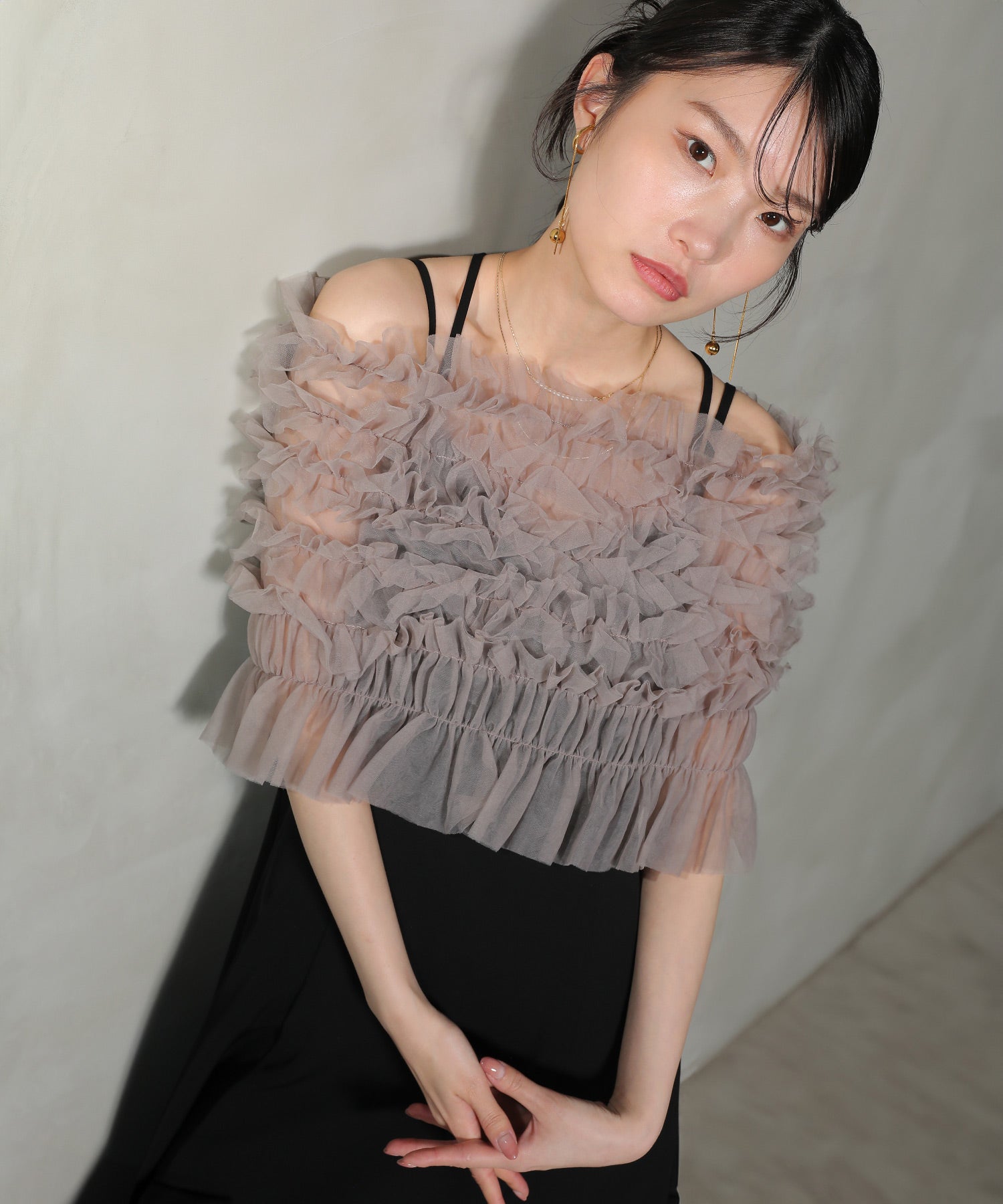 シャーリング チュール フリル シアー バッククロス ドレス