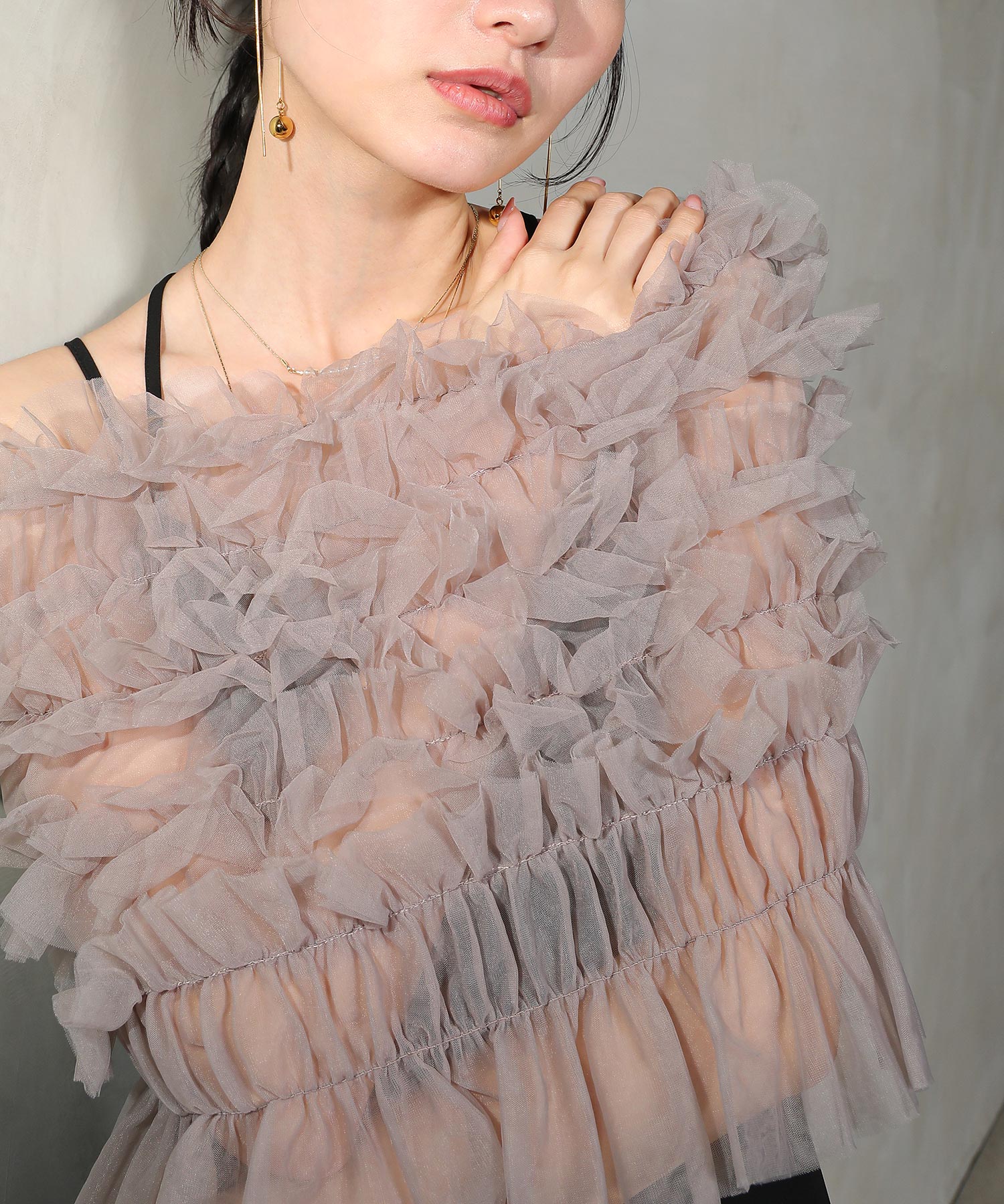 シャーリング チュール フリル シアー バッククロス ドレス