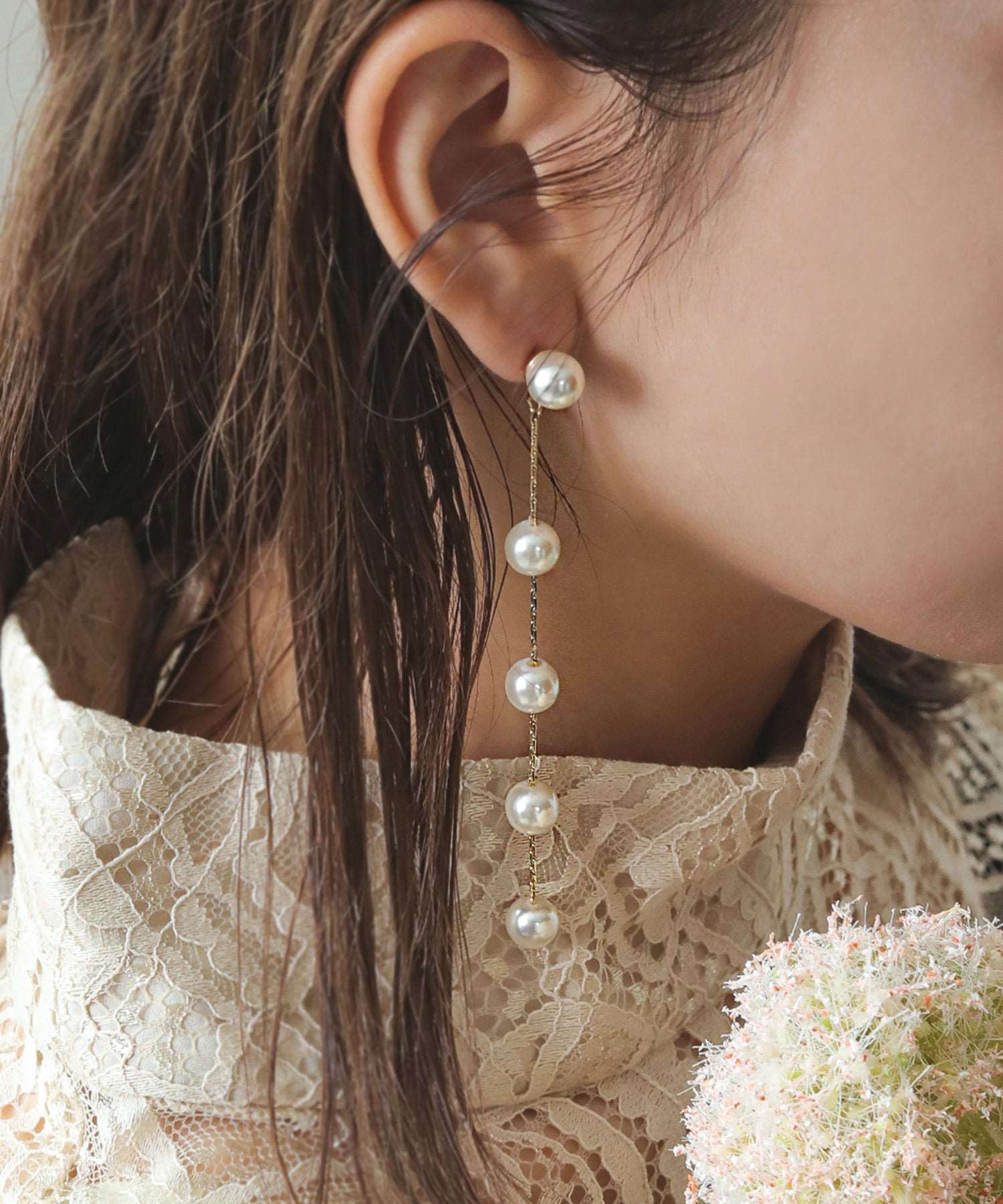 5連 パール ロング ピアス