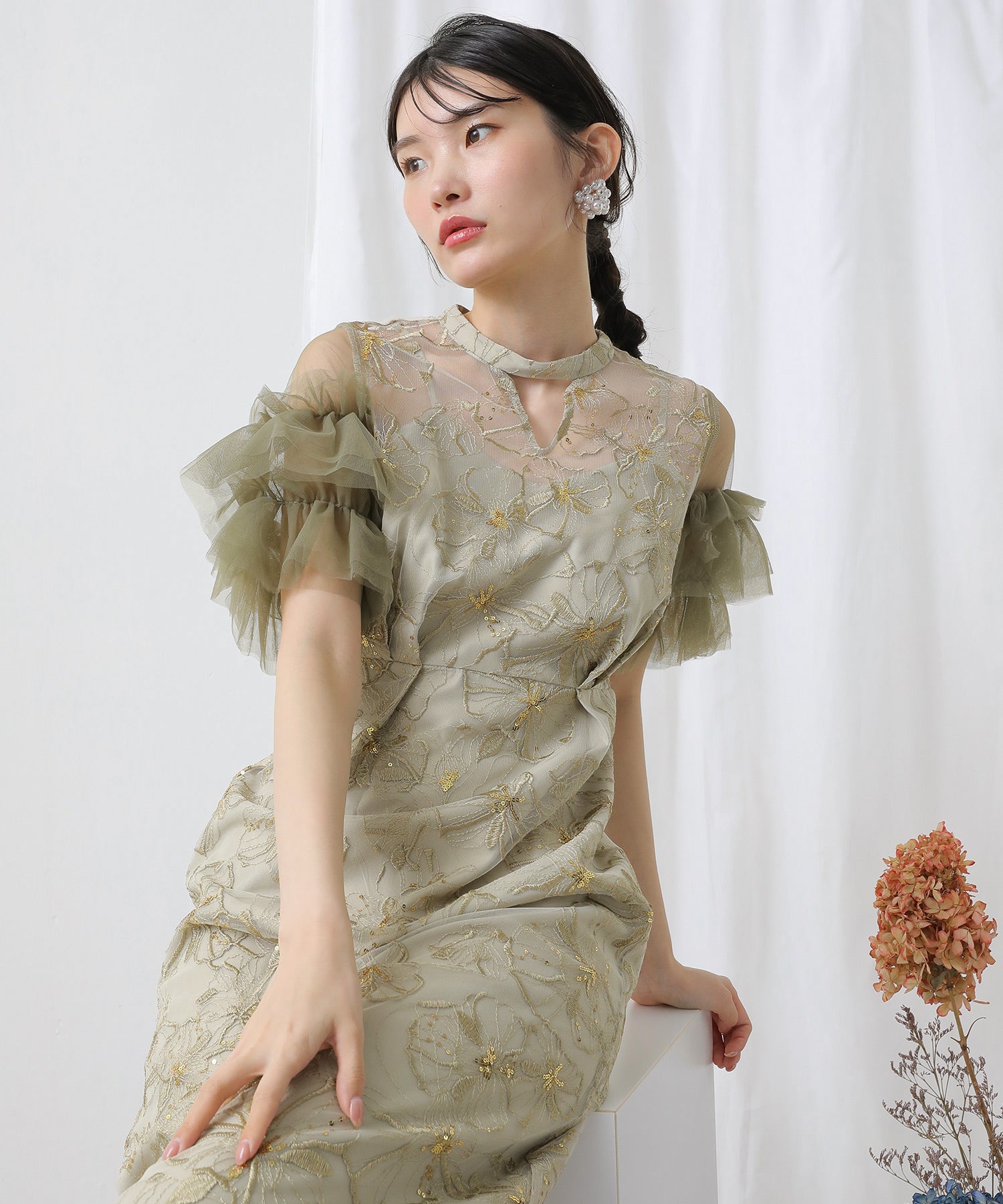 チュールフリルスリーブ スパンコール 刺繍レース パーティー ドレス