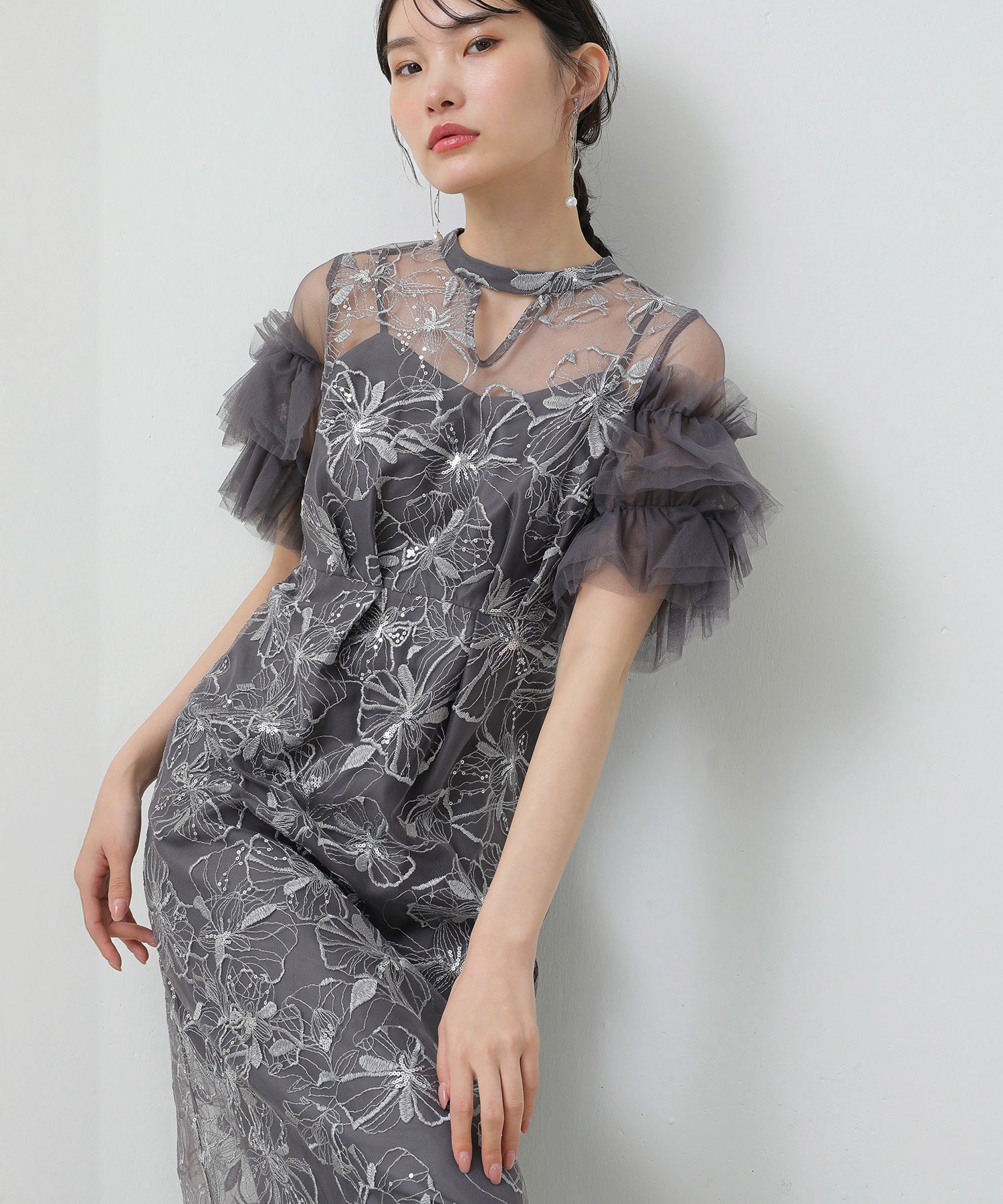 チュールフリルスリーブ スパンコール 刺繍レース パーティー ドレス