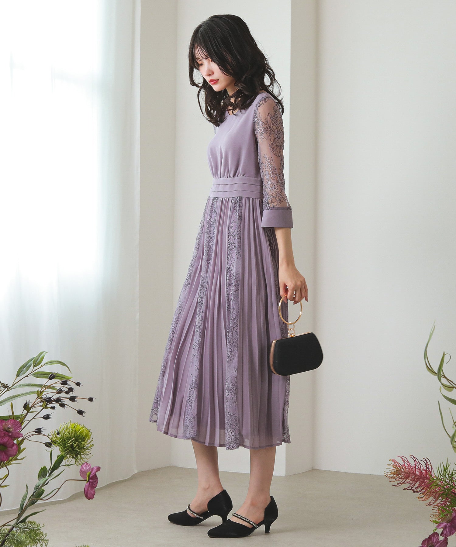 プリーツ×レース ウエストタックロングワンピースドレス