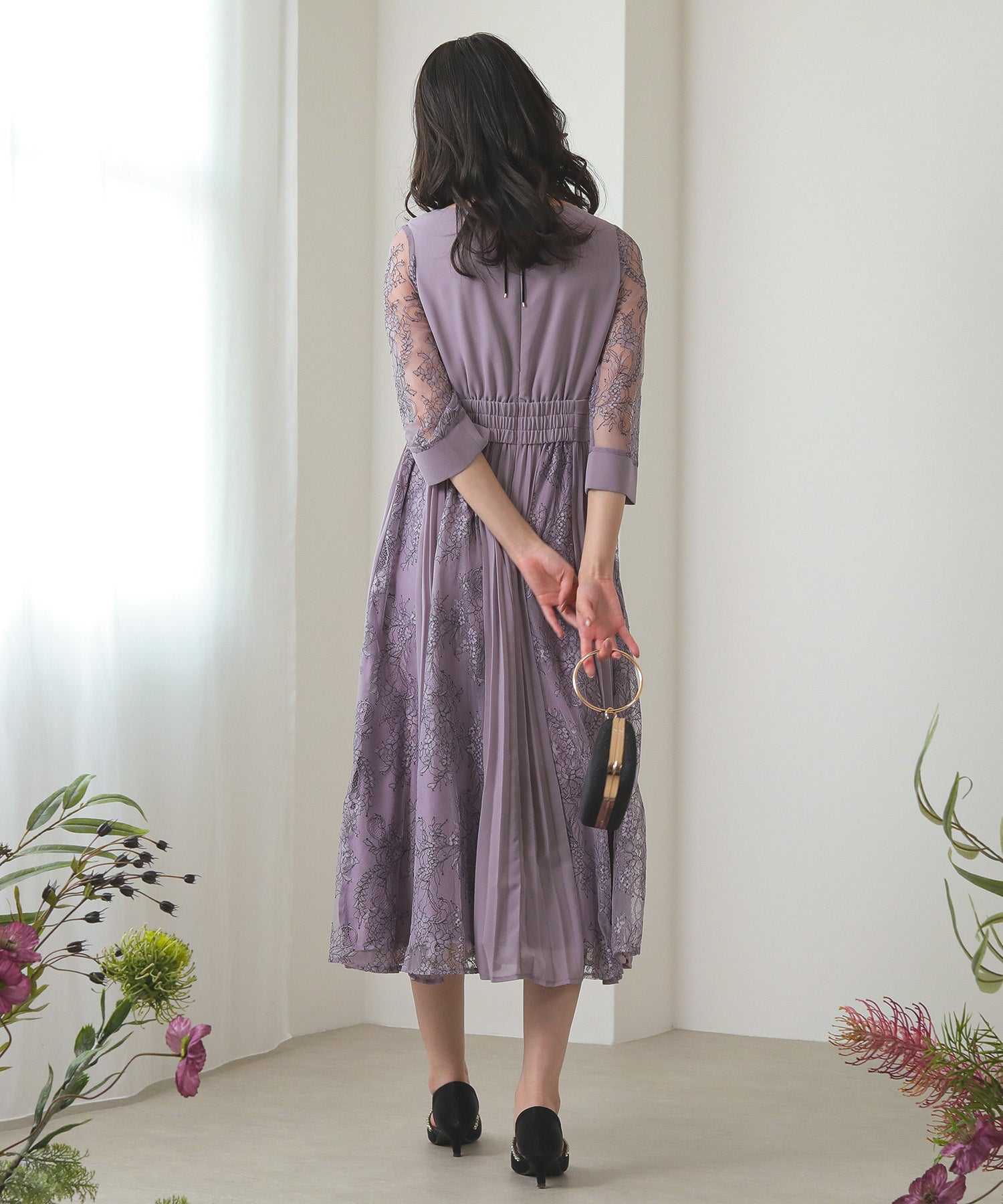 プリーツ×レース ウエストタックロングワンピースドレス