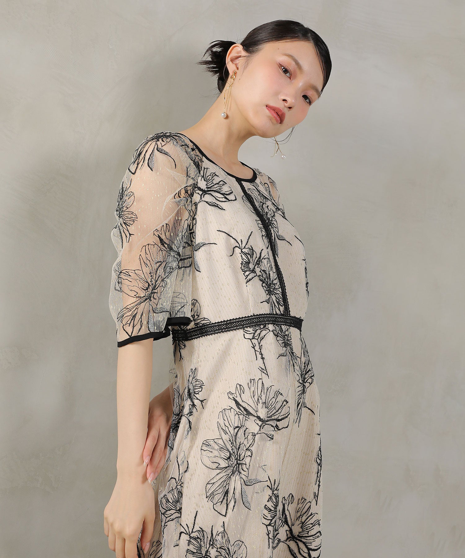 フラワー刺繍 フレアワンピース パーティー ドレス