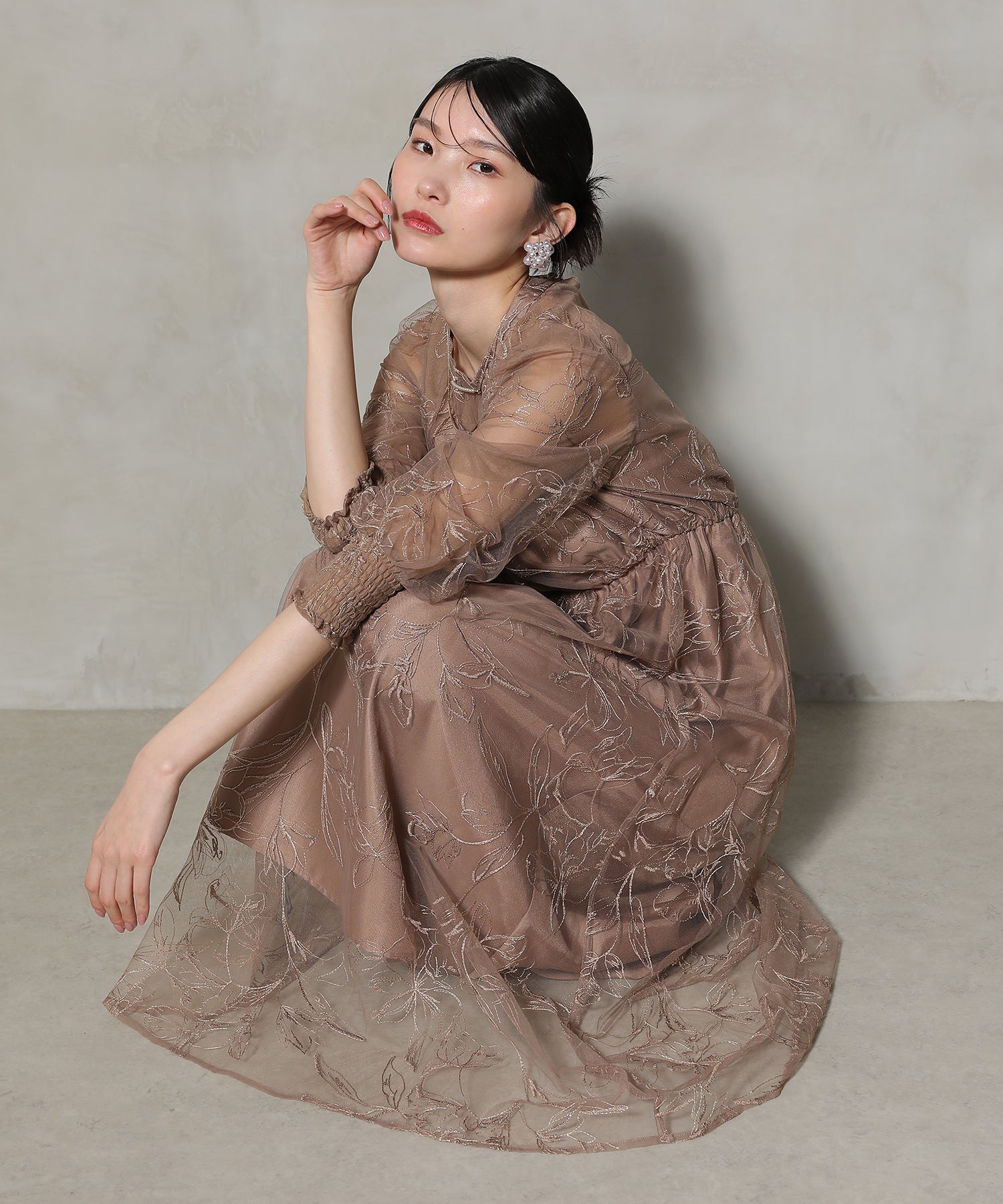 フラワー ラメ刺繍 シアー七分袖 フレアドレス