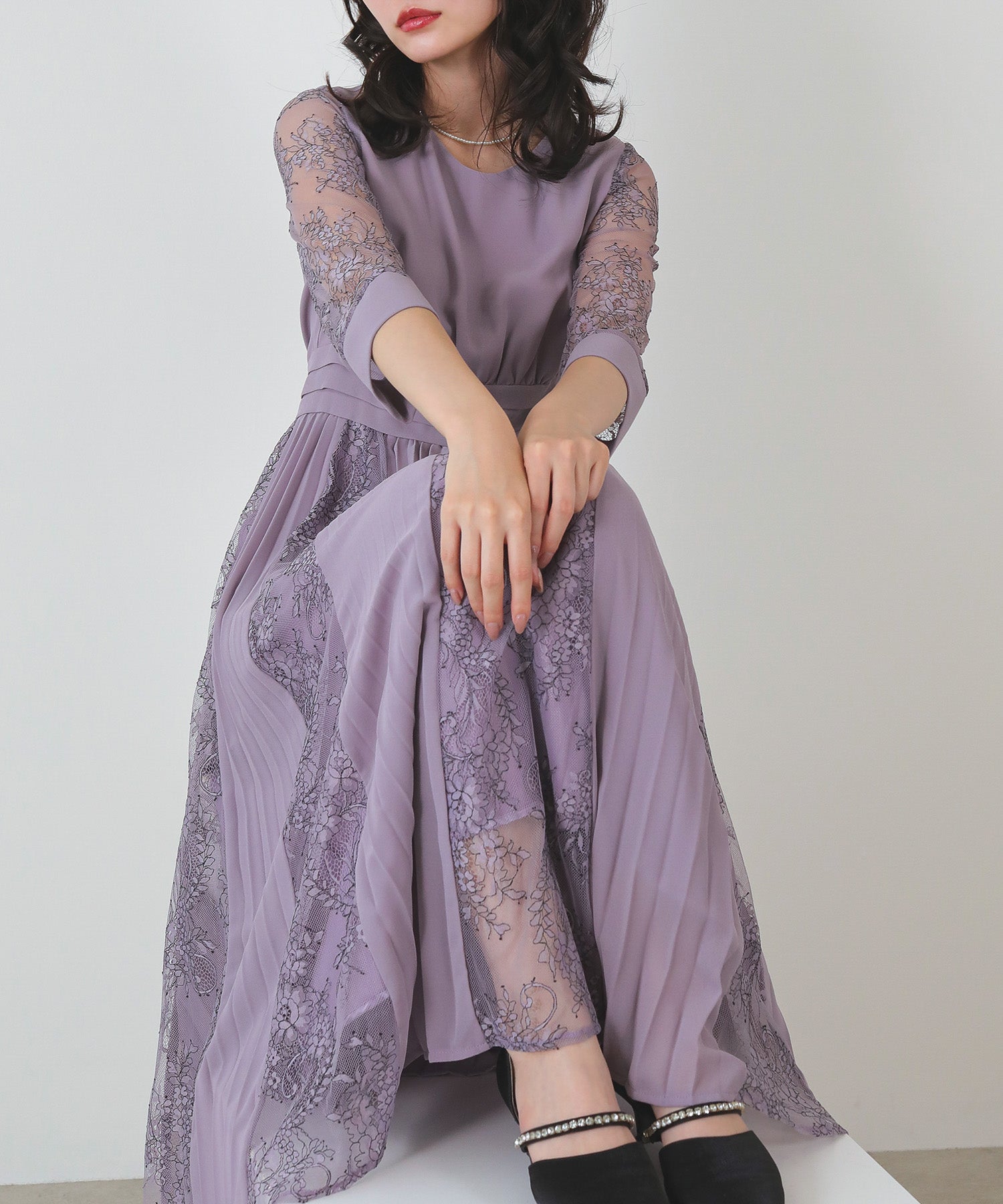 プリーツ×レース ウエストタックロングワンピースドレス