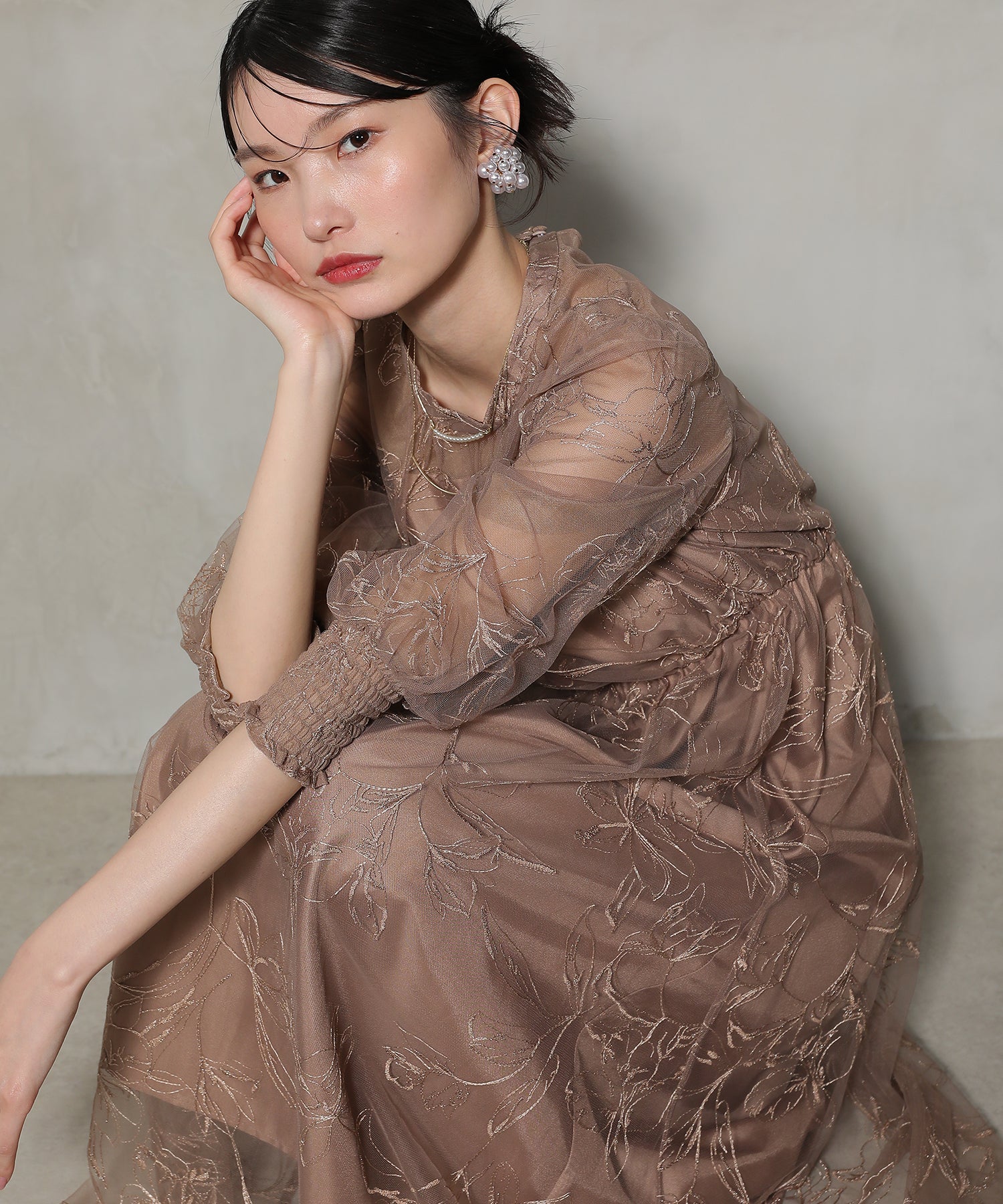 フラワー ラメ刺繍 シアー七分袖 フレアドレス