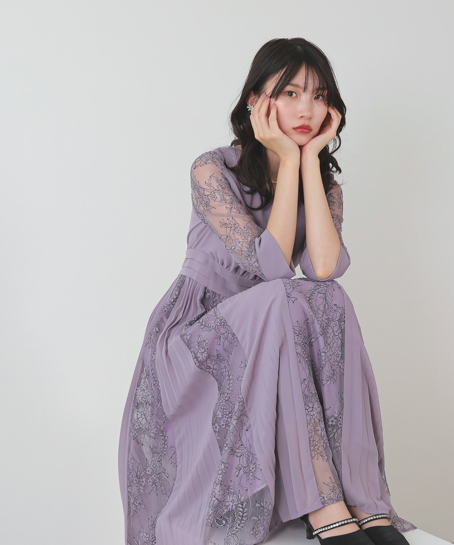 プリーツ×レース ウエストタックロングワンピースドレス
