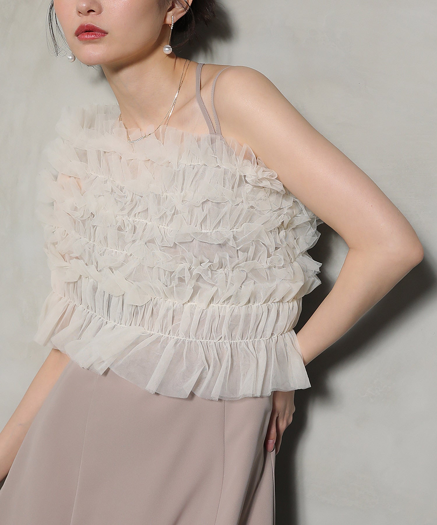 シャーリング チュール フリル シアー バッククロス ドレス