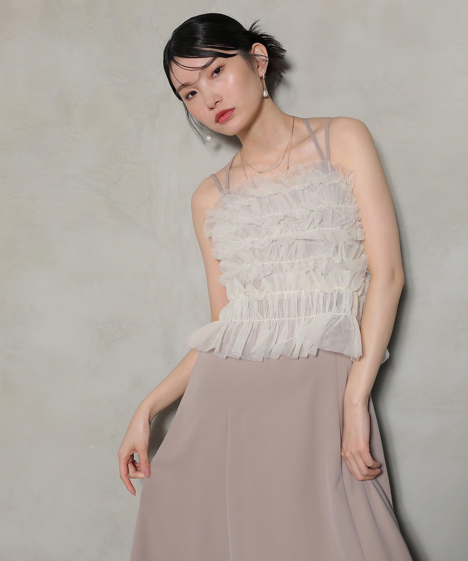 シャーリング チュール フリル シアー バッククロス ドレス