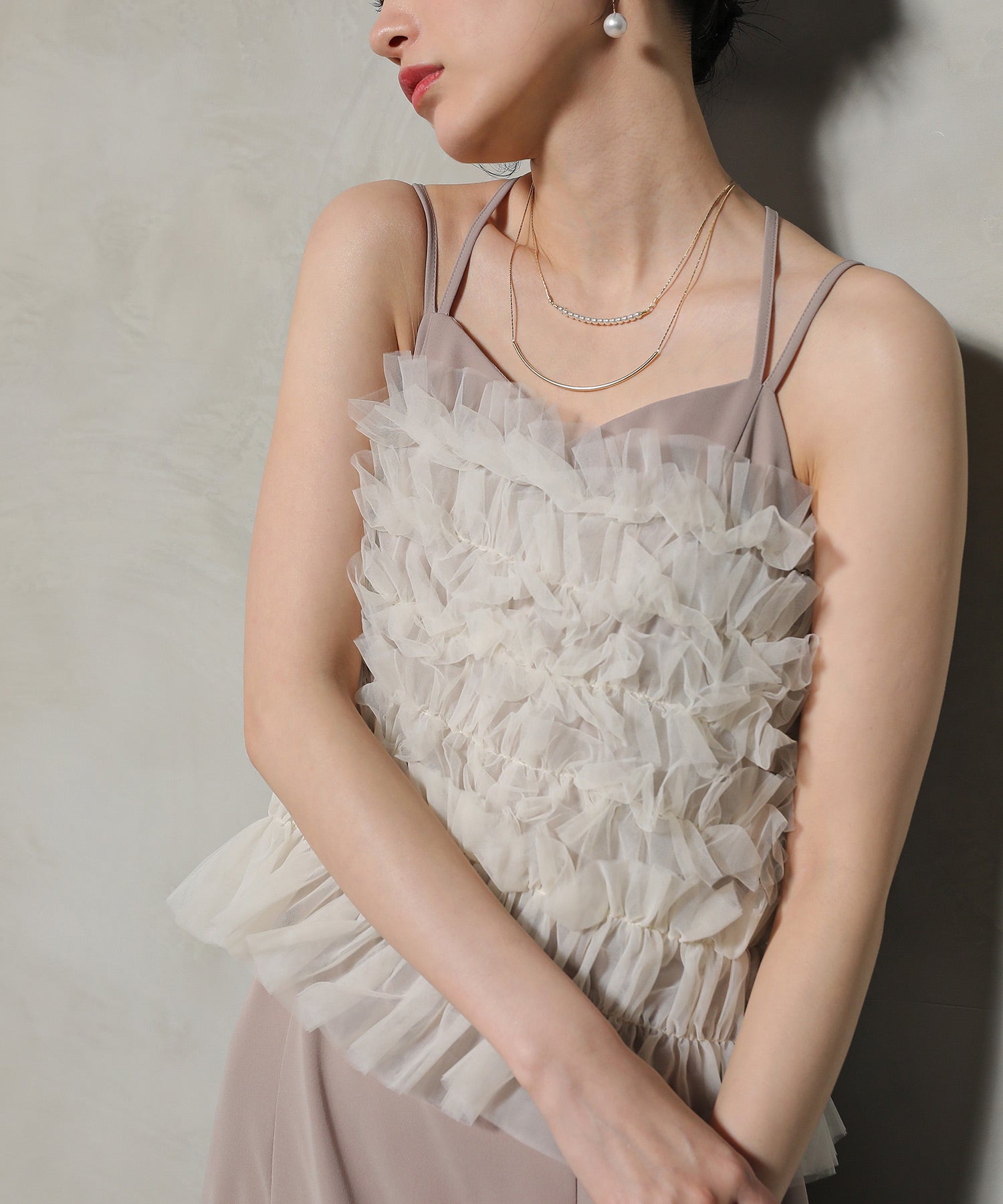 シャーリング チュール フリル シアー バッククロス ドレス