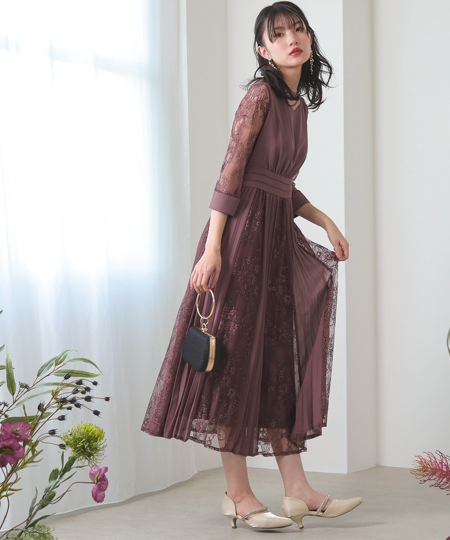 プリーツ×レース ウエストタックロングワンピースドレス