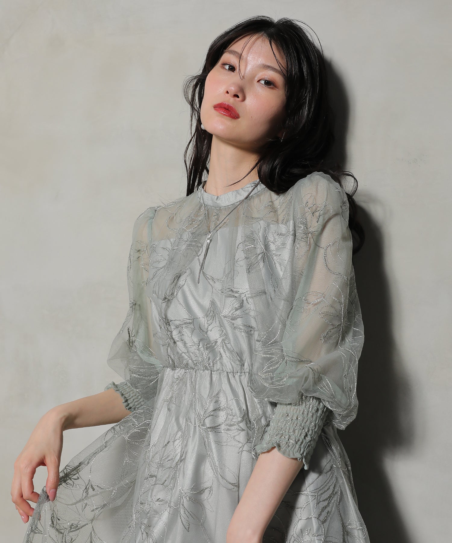 フラワー ラメ刺繍 シアー七分袖 フレアドレス