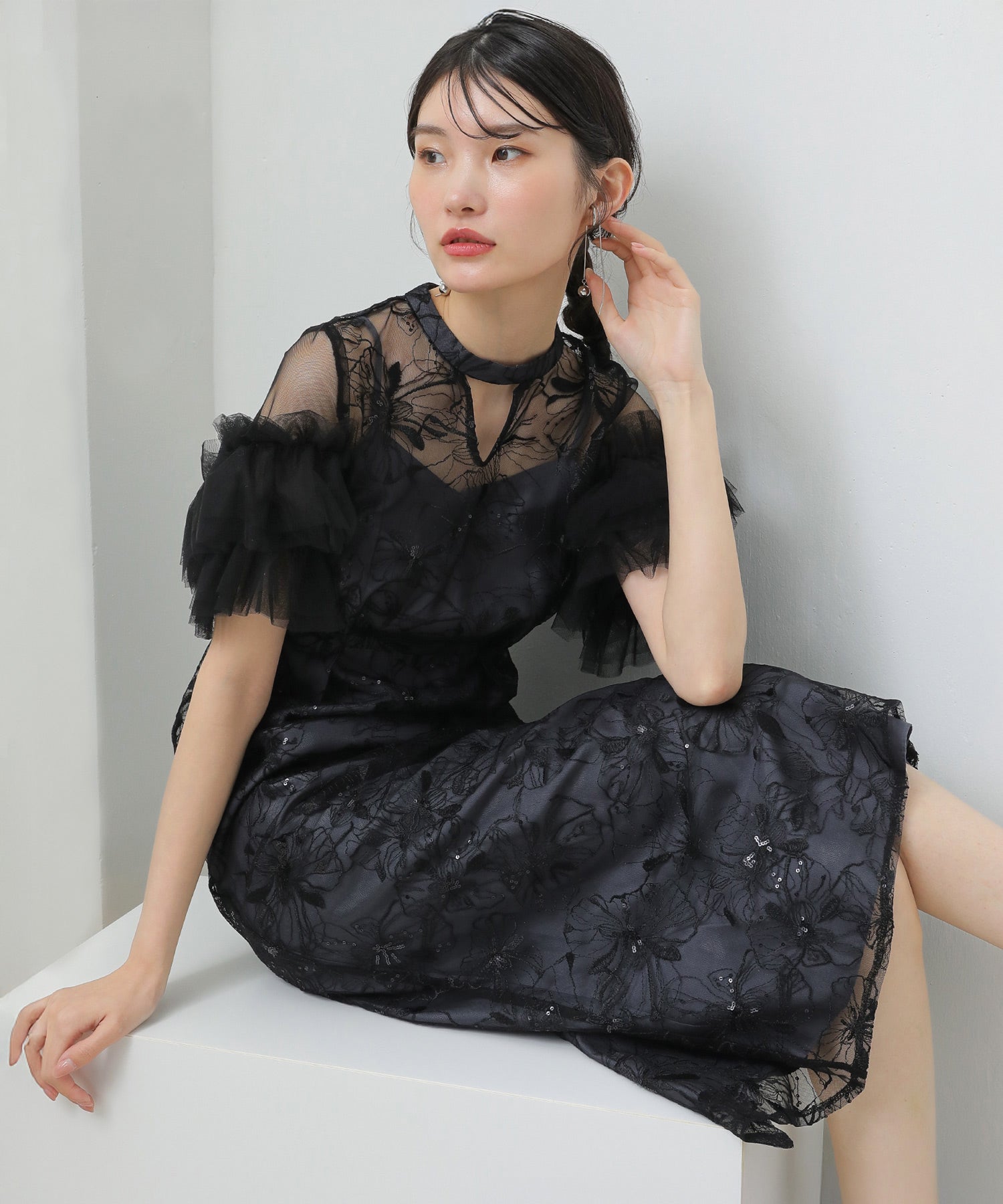 チュールフリルスリーブ スパンコール 刺繍レース パーティー ドレス