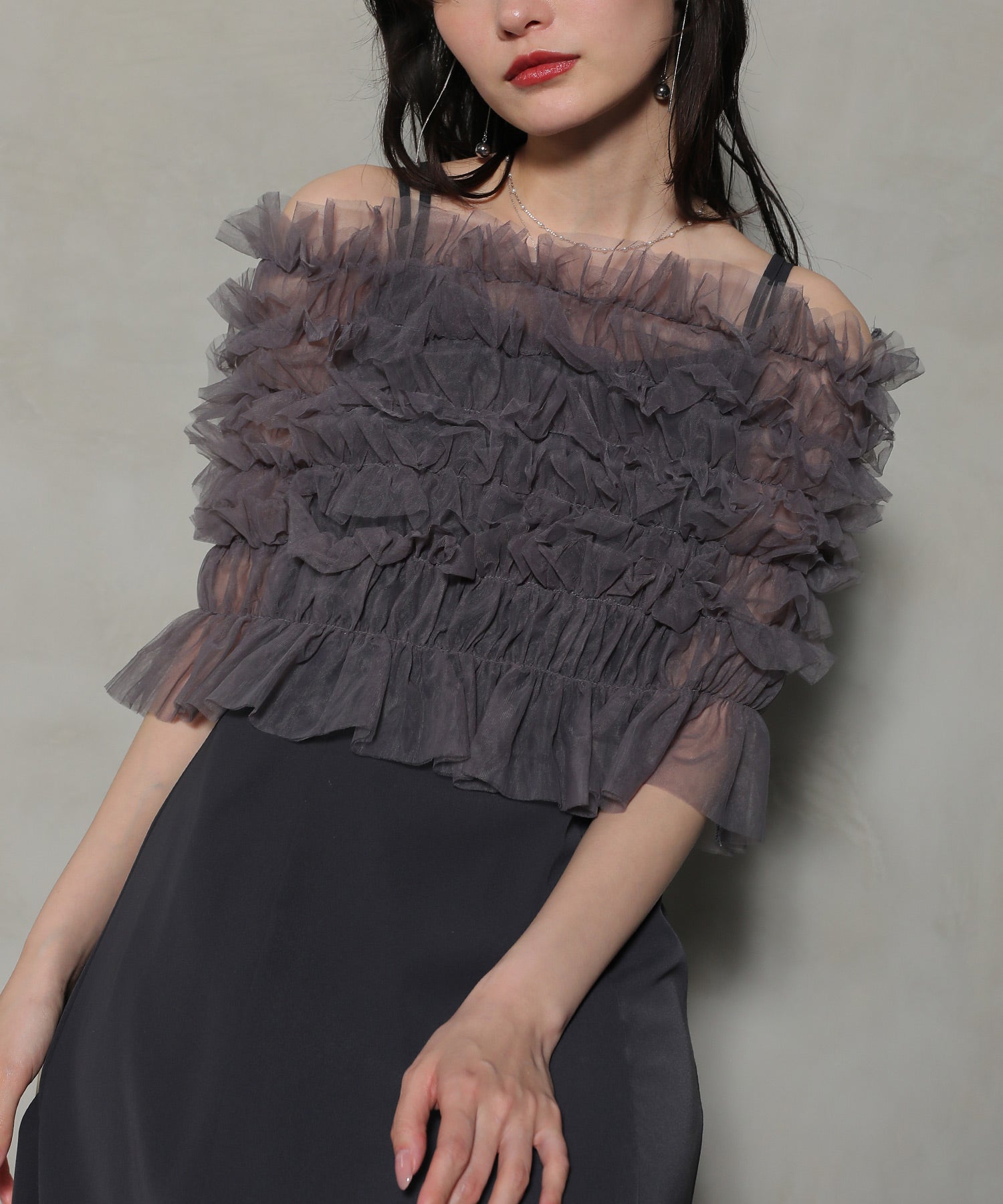 シャーリング チュール フリル シアー バッククロス ドレス