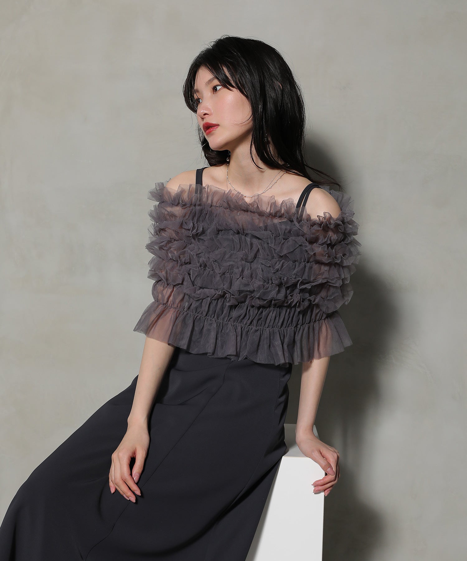 シャーリング チュール フリル シアー バッククロス ドレス