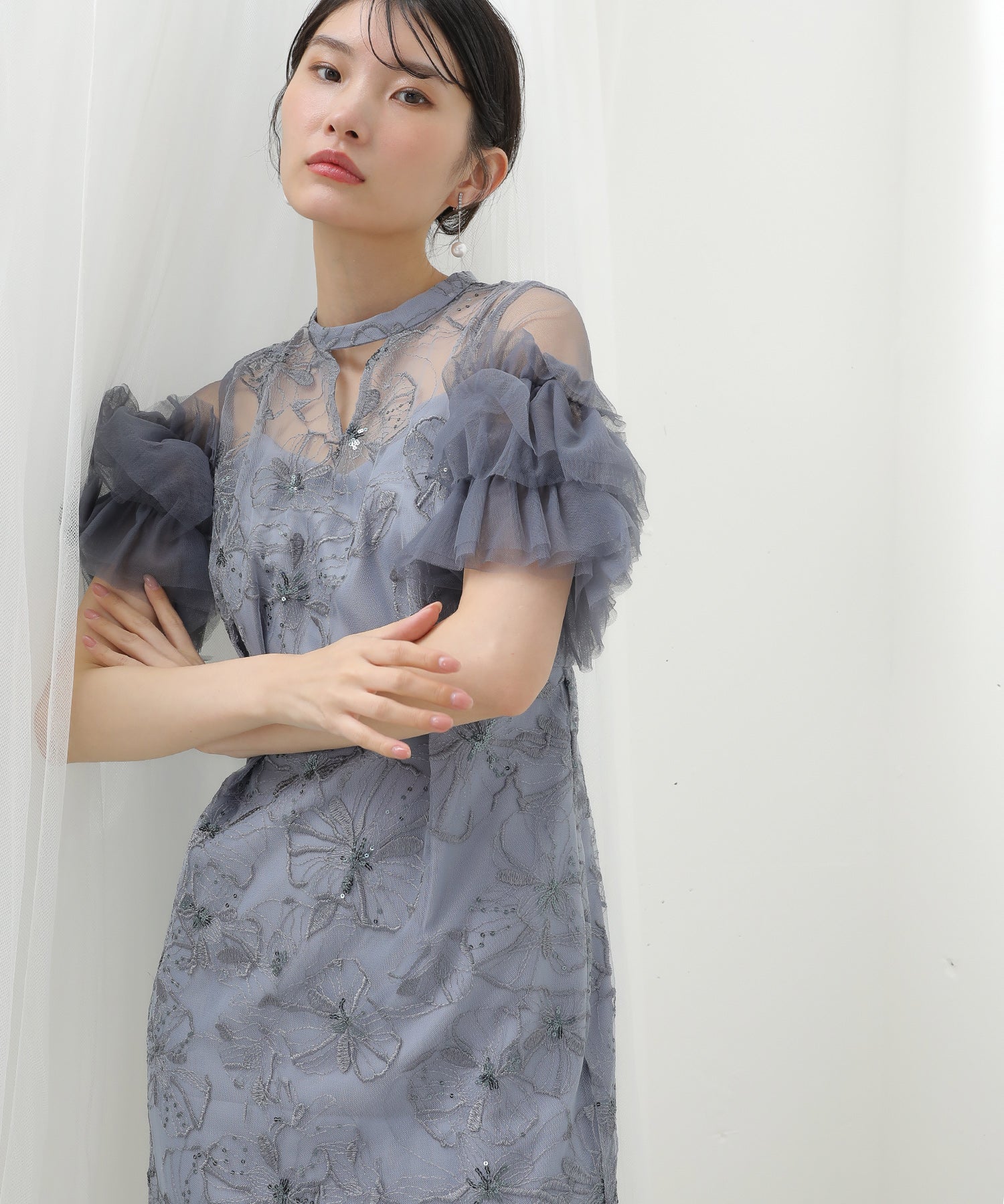 チュールフリルスリーブ スパンコール 刺繍レース パーティー ドレス