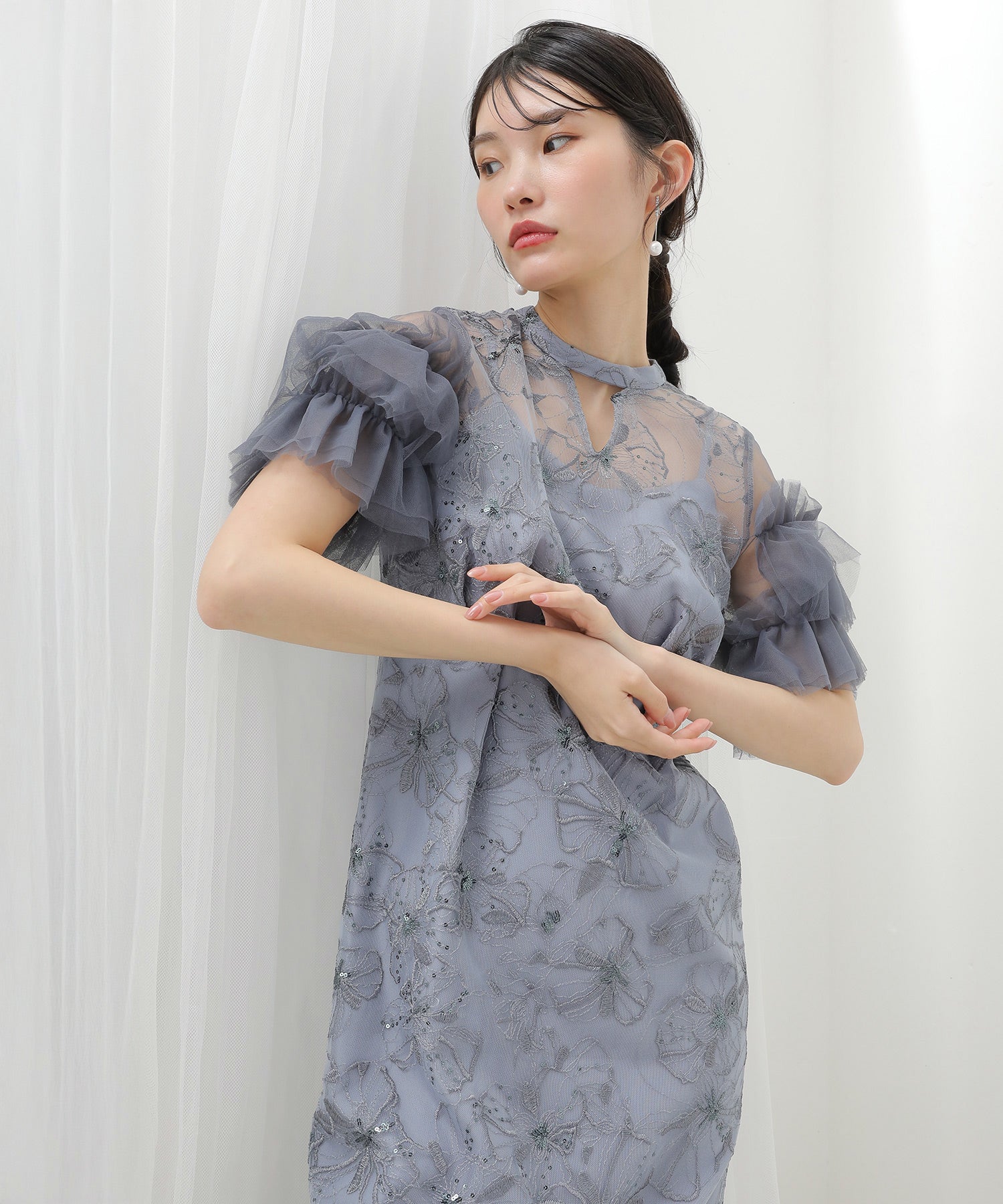 チュールフリルスリーブ スパンコール 刺繍レース パーティー ドレス