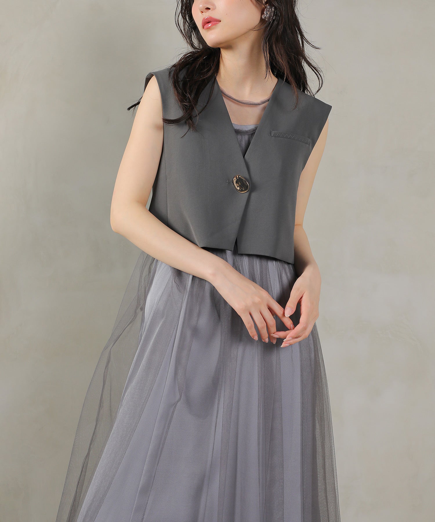 ショートジレ チュール キャミワンピ レイヤードドレス