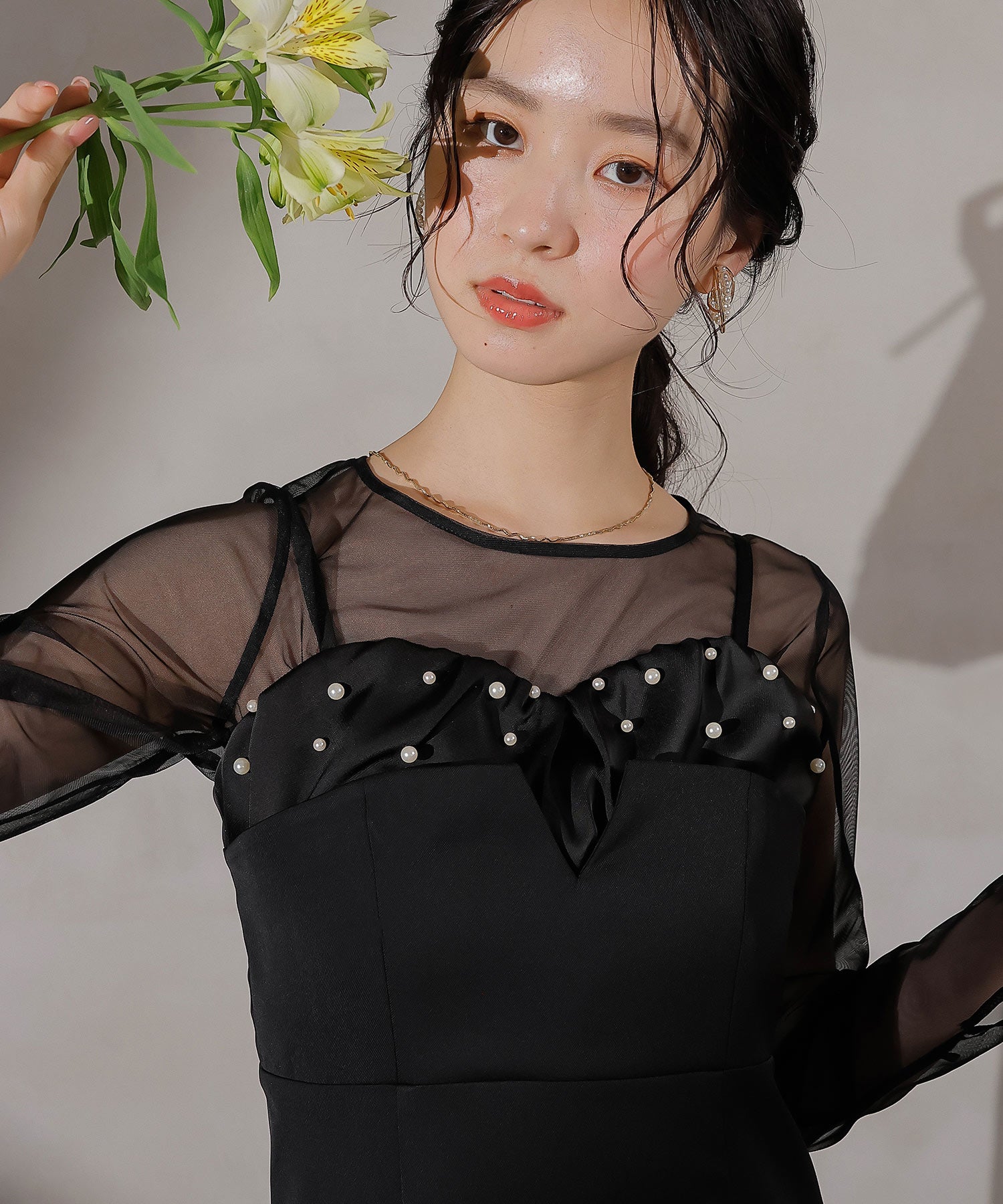 チュールトップス フリル パール キャミワンピース 2点セット パーティー ドレス