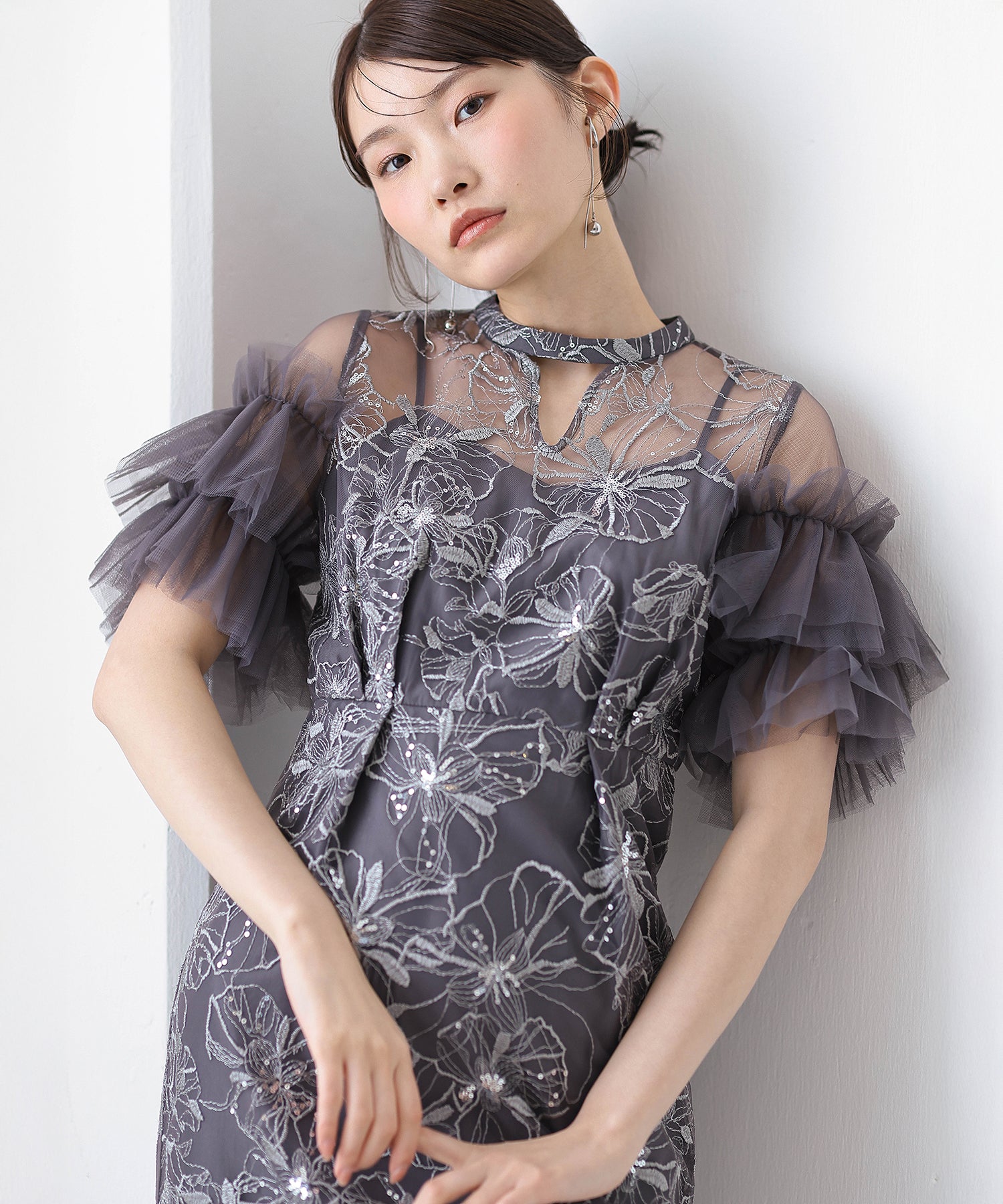 チュールフリルスリーブ スパンコール 刺繍レース パーティー ドレス