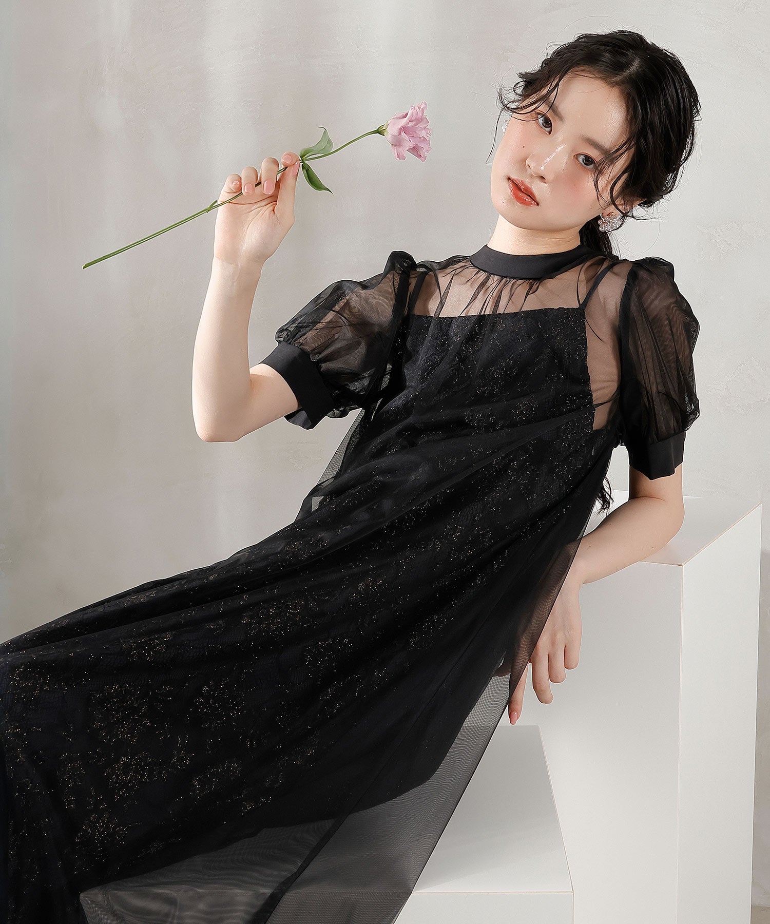 チュール バック リボン レースキャミワンピ 2点セット