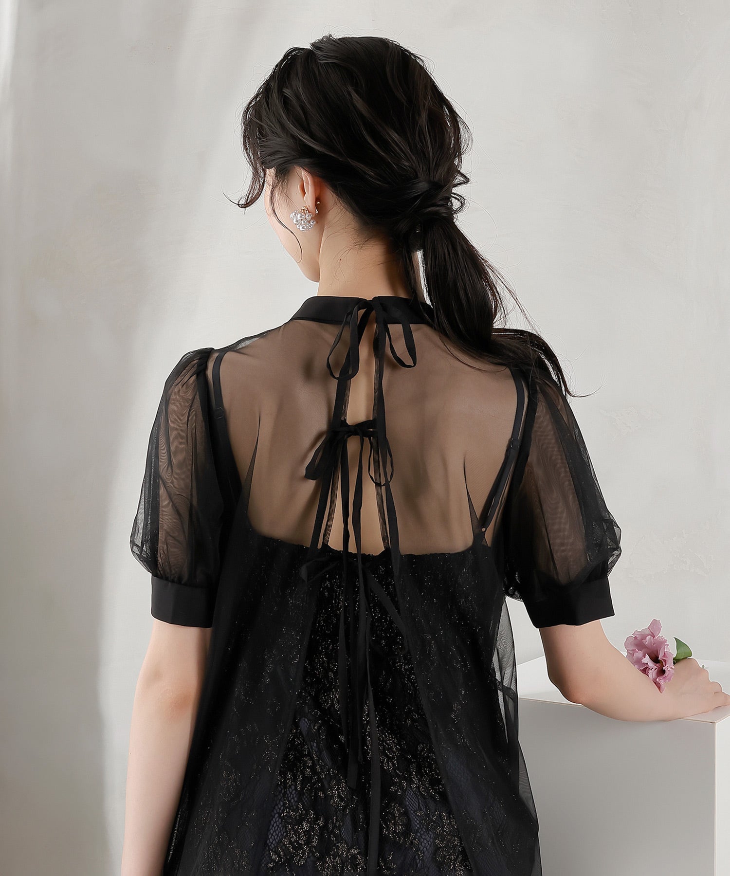 チュール バック リボン レースキャミワンピ 2点セット