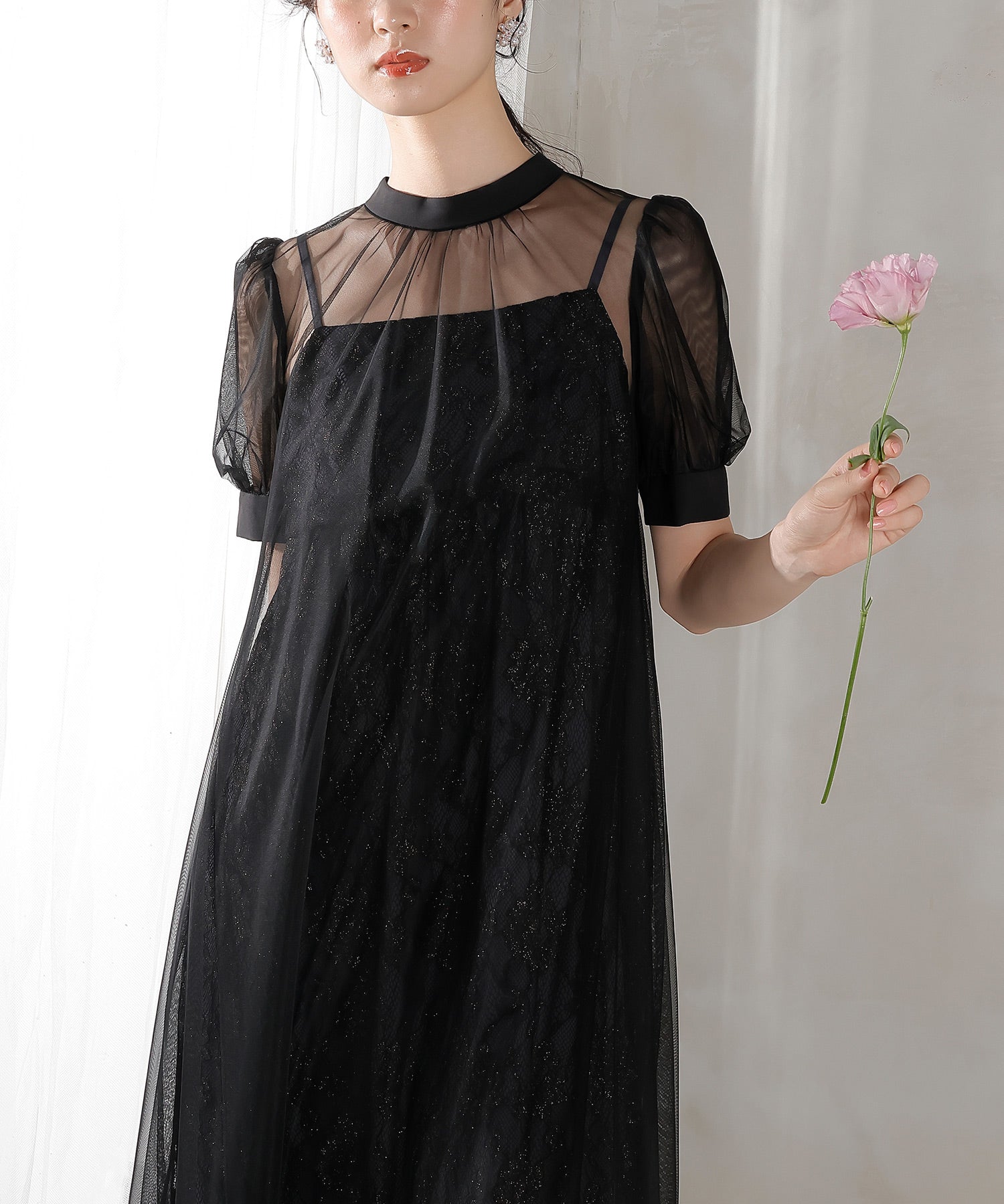 チュール バック リボン レースキャミワンピ 2点セット