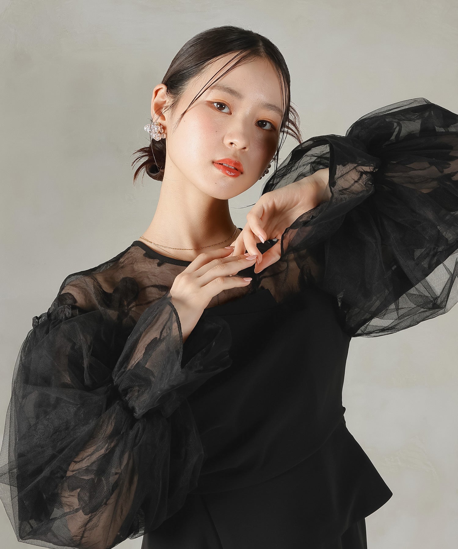 オーガンジー×チュール ボリューム袖 花柄 ビスチェ ドレス