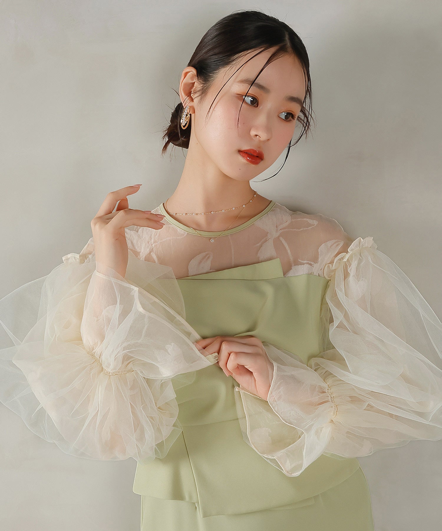 オーガンジー×チュール ボリューム袖 花柄 ビスチェ ドレス