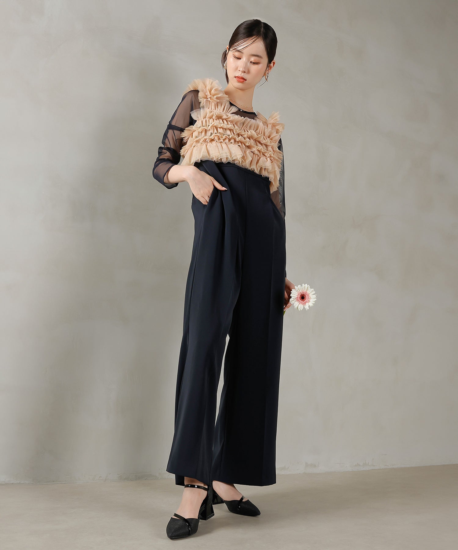 チュールビスチェ ワイドパンツ オールインワン ドレス 2点セット