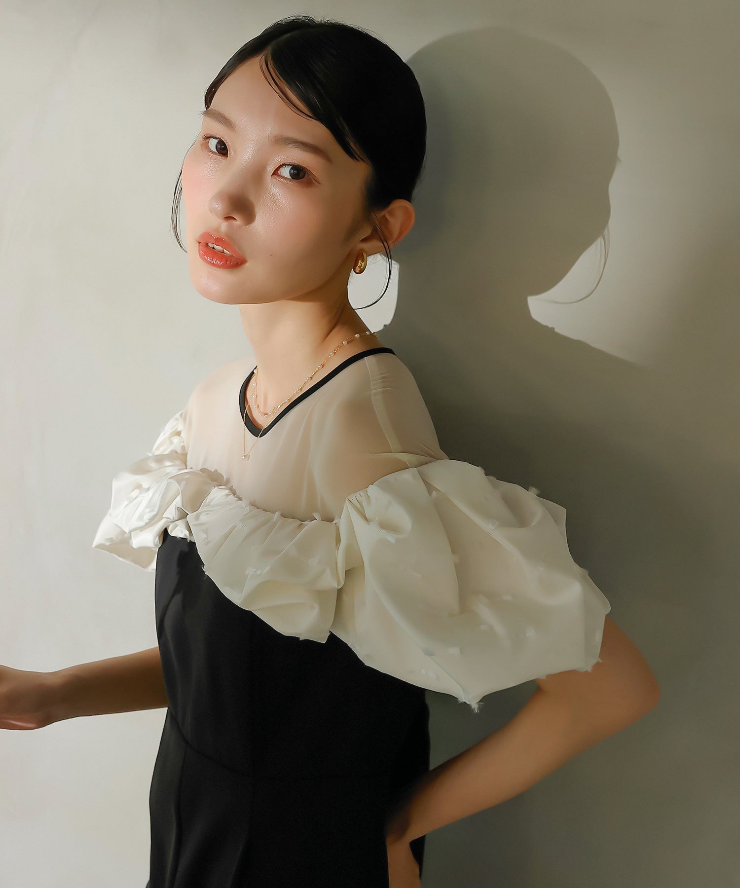 リボンジャガード バイカラー オールインワンパンツドレス