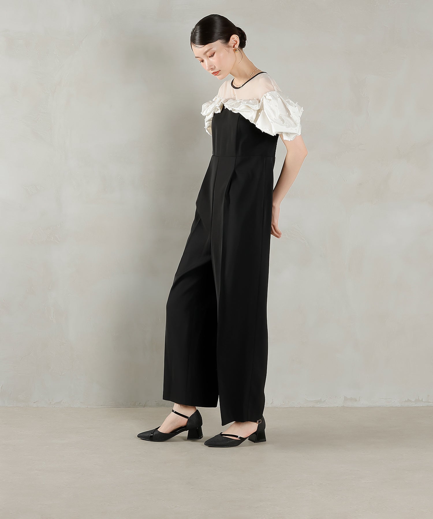 リボンジャガード バイカラー オールインワンパンツドレス