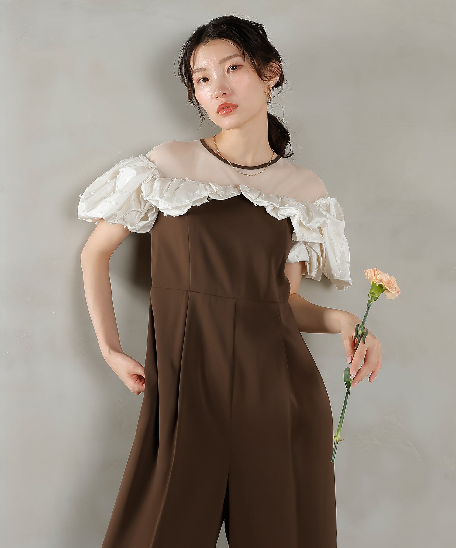 リボンジャガード バイカラー オールインワンパンツドレス