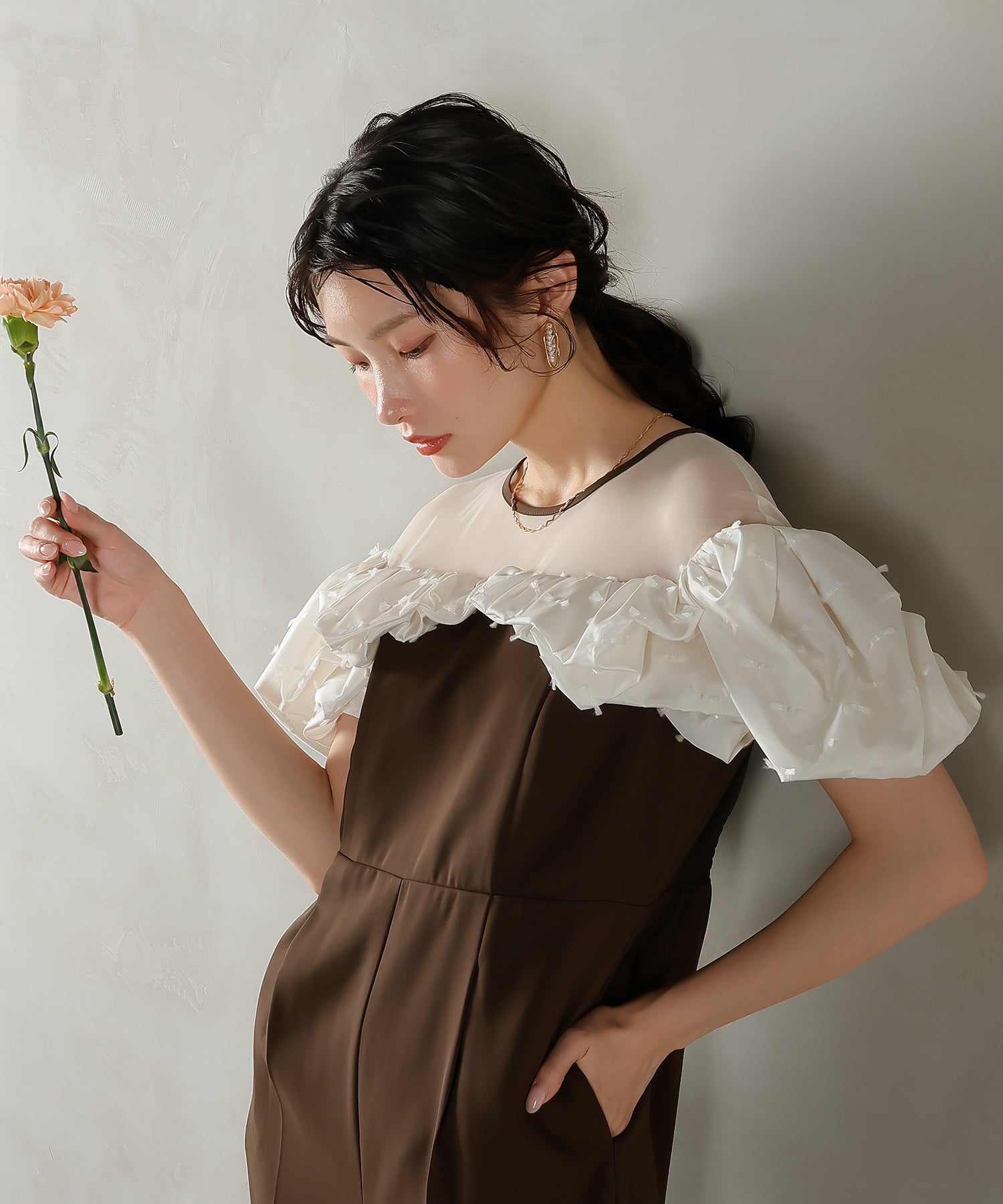 リボンジャガード バイカラー オールインワンパンツドレス