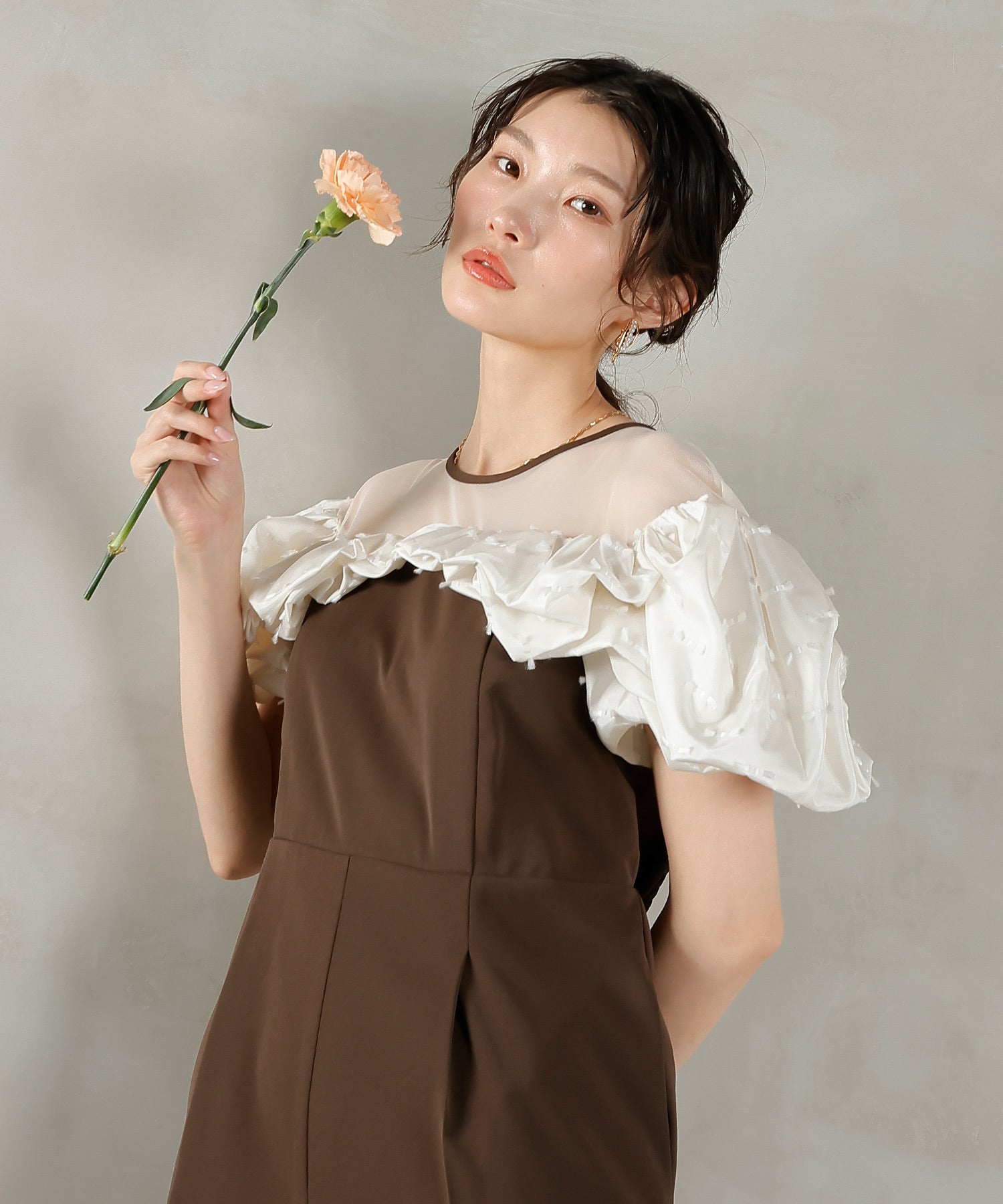 リボンジャガード バイカラー オールインワンパンツドレス