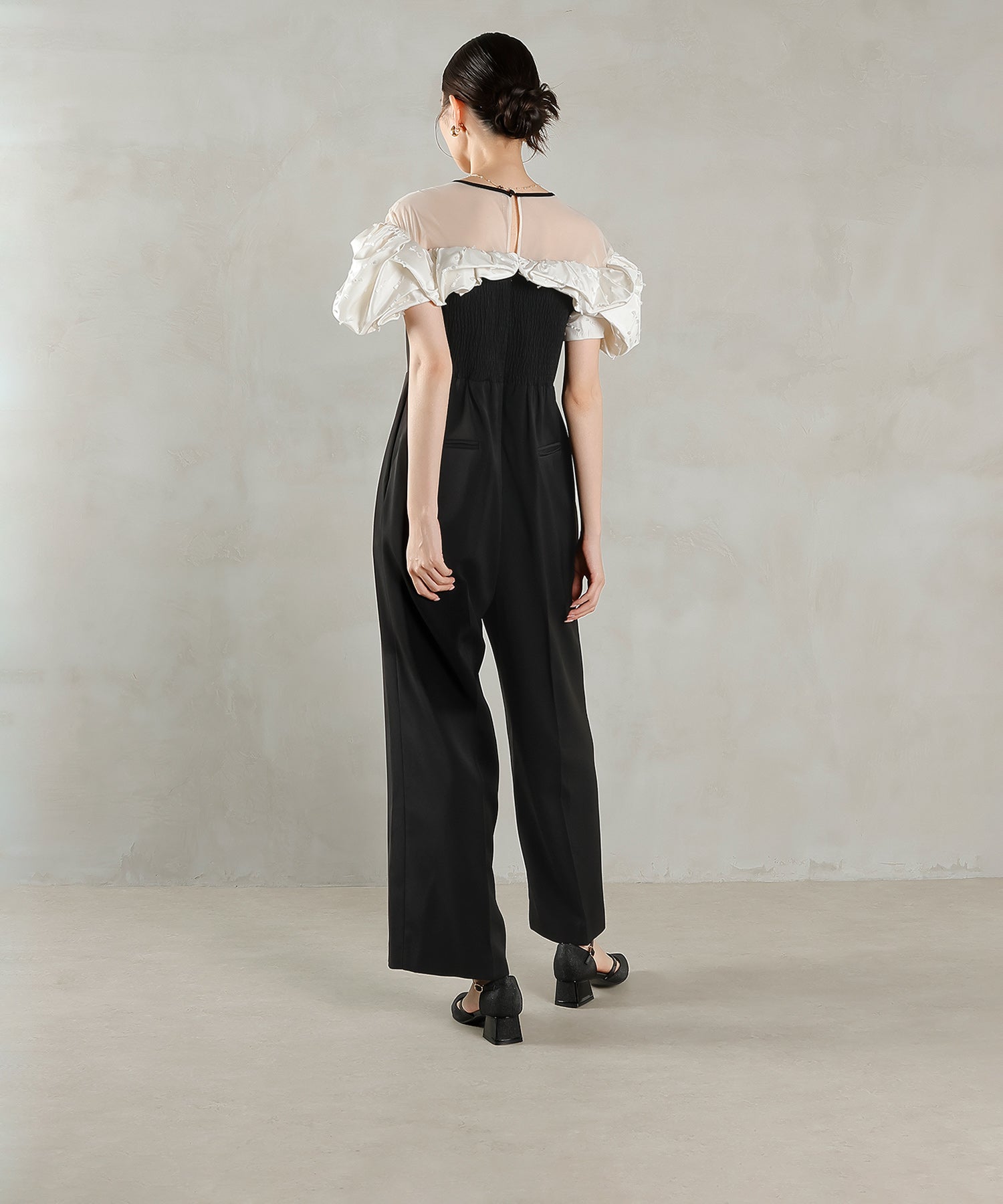 リボンジャガード バイカラー オールインワンパンツドレス