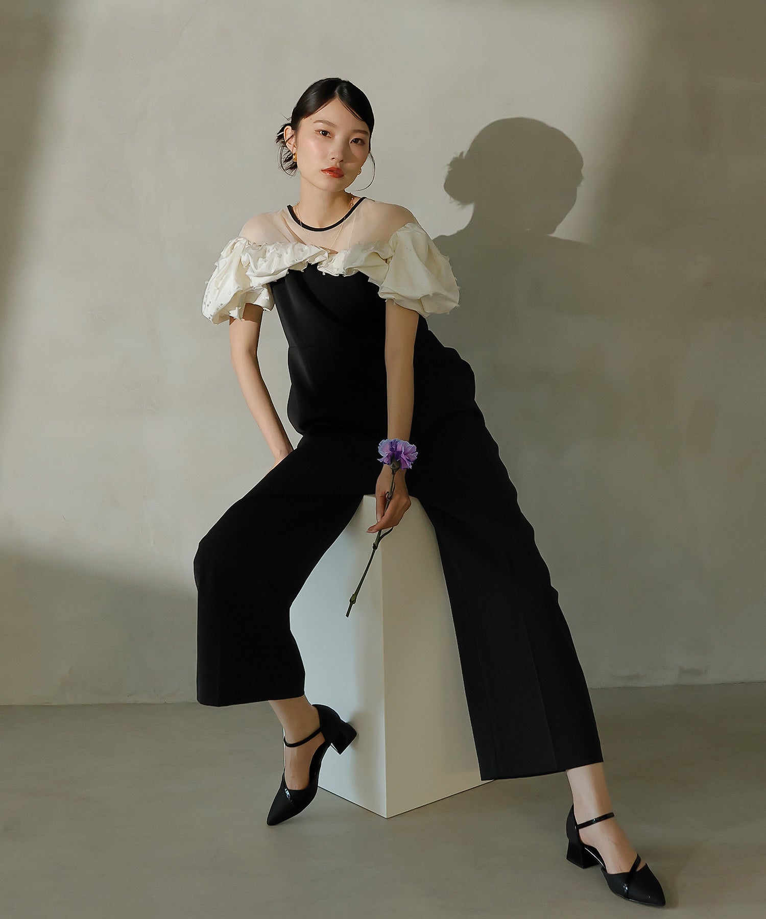 リボンジャガード バイカラー オールインワンパンツドレス