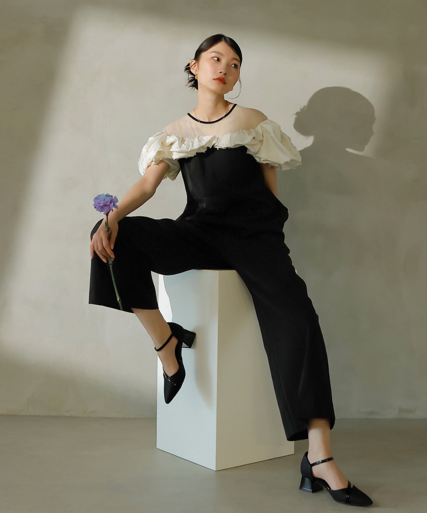 リボンジャガード バイカラー オールインワンパンツドレス